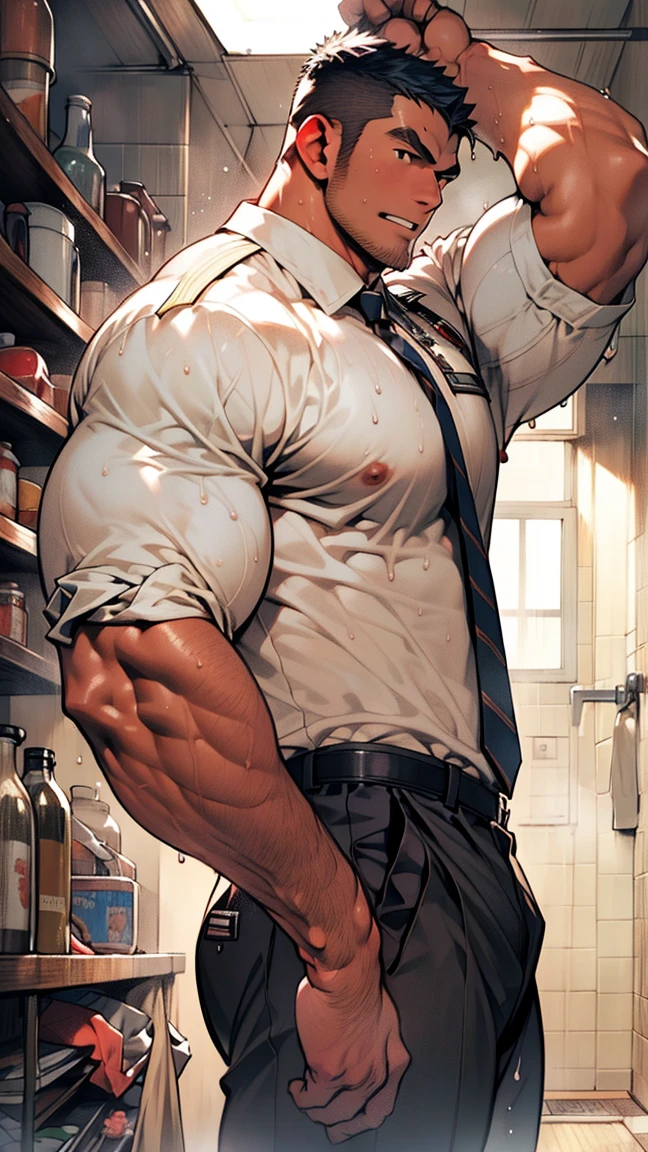 (masterpiece, best quality:1.2) solo, male focus, 1boy, endeavor, muscular male, large pectorals, expressionless, closed mouth, looking at viewer, crossed arms, superhero, blue bodysuit, fingerless gloves, fire