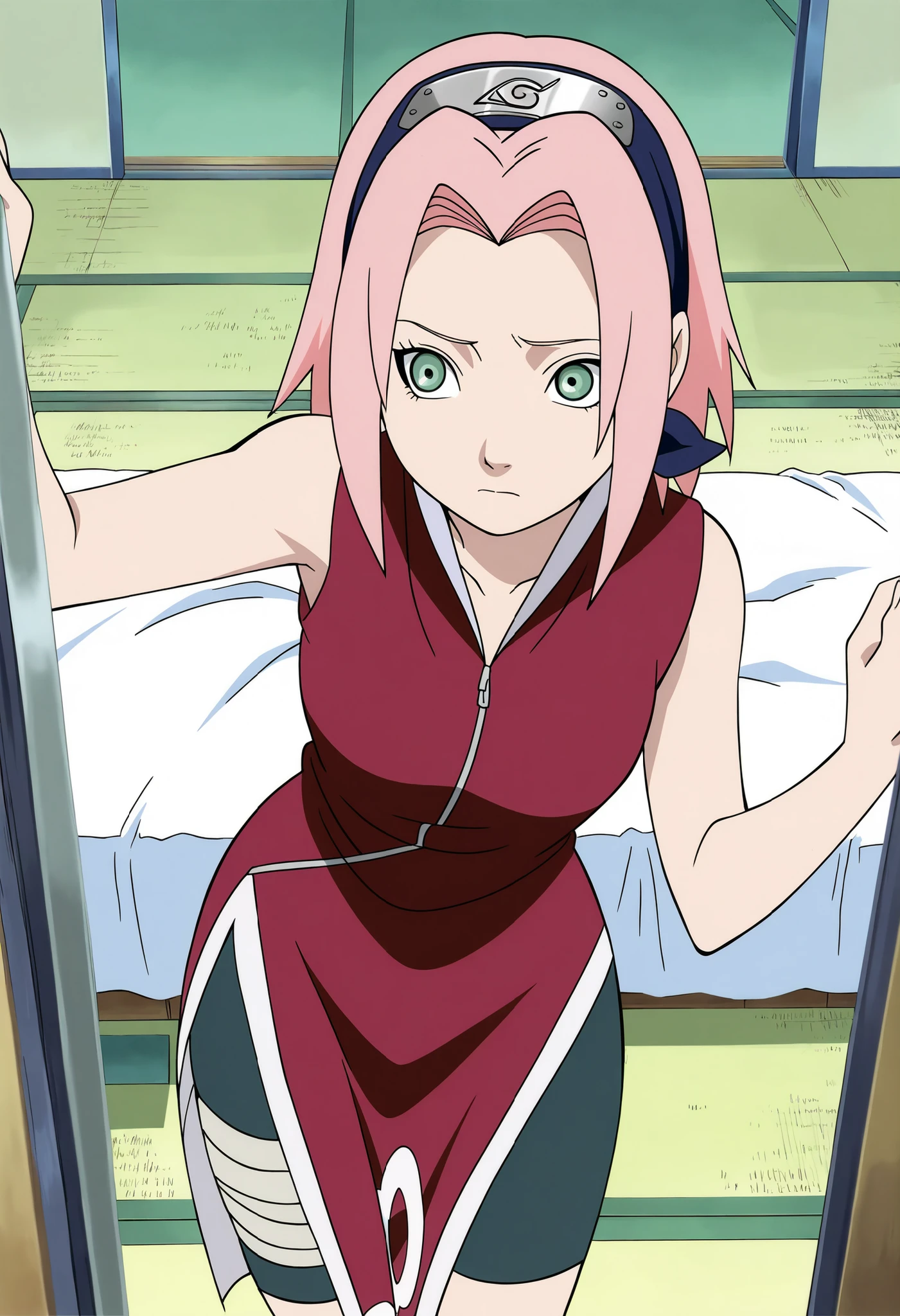 masterpiece, best quality, very detailed, , masterpiece, best quality, eyelashes, (Beautiful Eyes), cowboy shot,, Official anime Illustration, Official artwork, screencap,,Scarsdale, ,Sakura haruno, 1girl,solo, short hair, pink hair, green eyes,"Red sleeveless Chinese qipao with white trim and symbol, black shorts, black open-toe ninja sandals." trying to seduce you into bed , wide hips