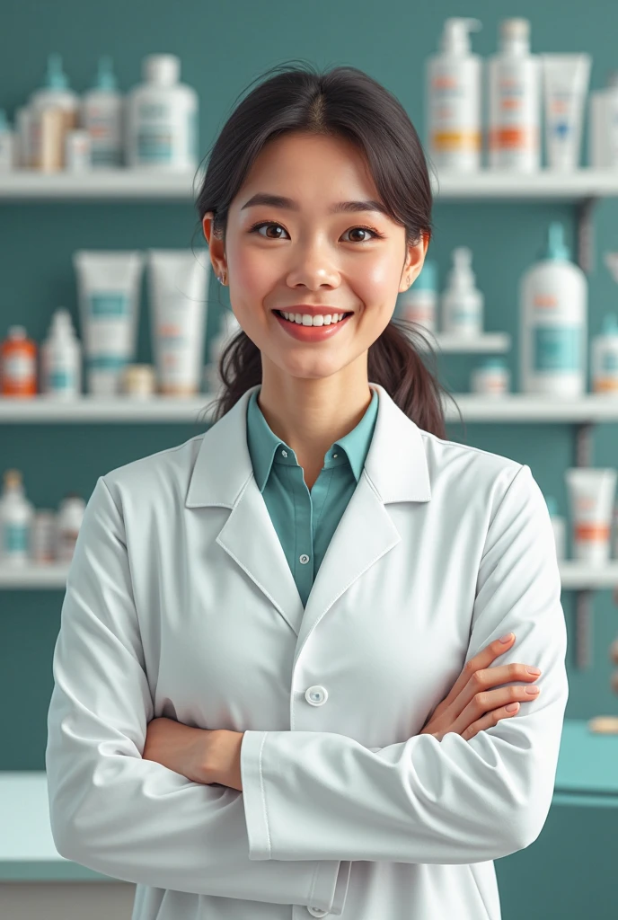 Portrait of a Vietnamese female pharmacist with shoulder-length hair standing and talking directly with her arms hanging naturally