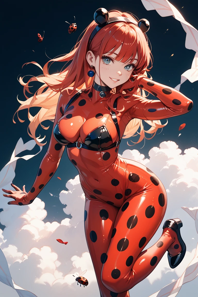 woman in seamless skin tight body suit jumping over an oversized fantasy mushroom