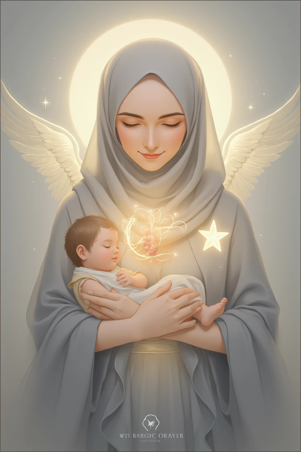 masterpiece, persian woman in hijab and child, holy virgin mary with little boy in her arms, ((halo over head)), smiling, heavenly sky, half body, ((divine light)), ethereal, clouds, back lighting, realistic portrait, symmetrical, strong, intricate drawing, highly detailed, digital painting, art station, concept art, fluid, sharp focus, illustration, against heaven's gate, cinematic lighting, works by artgerm and greg rutkowski and alphonse mucha