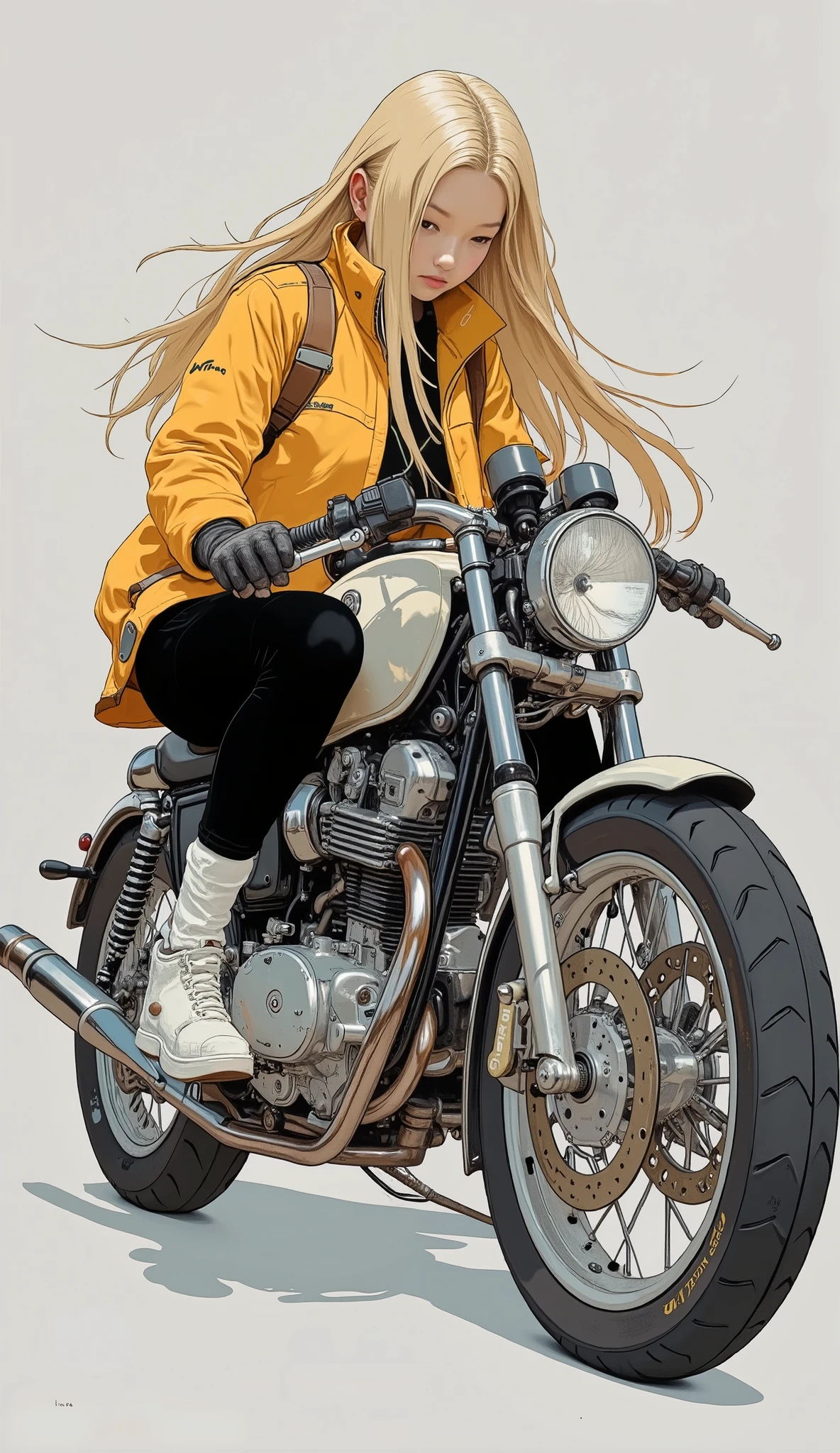 A young woman with long hair , her flowing blond hair oozes a big, Sturdy bike, sense of adventure and calm determination. The bike itself is an interesting blend of realism and stylized illustrations {x} She has a white accent I'm wearing a mustard yellow jacket, black pants, gloves, The overall vibe combines movement and a sense of silence. her head tilts slightly downward, , emphasizes her concentration and preparation to start driving. detailed wheels and prominent engines speak for its power, with large, exudes a stylish and practical biker aesthetic. Street Some abstract elements that suggest the setting, of. The bike is placed on a minimal grey background, the moment she's trying to speed、, captures her balanced potential energy, Her expression is relaxed,、is full of determination。.