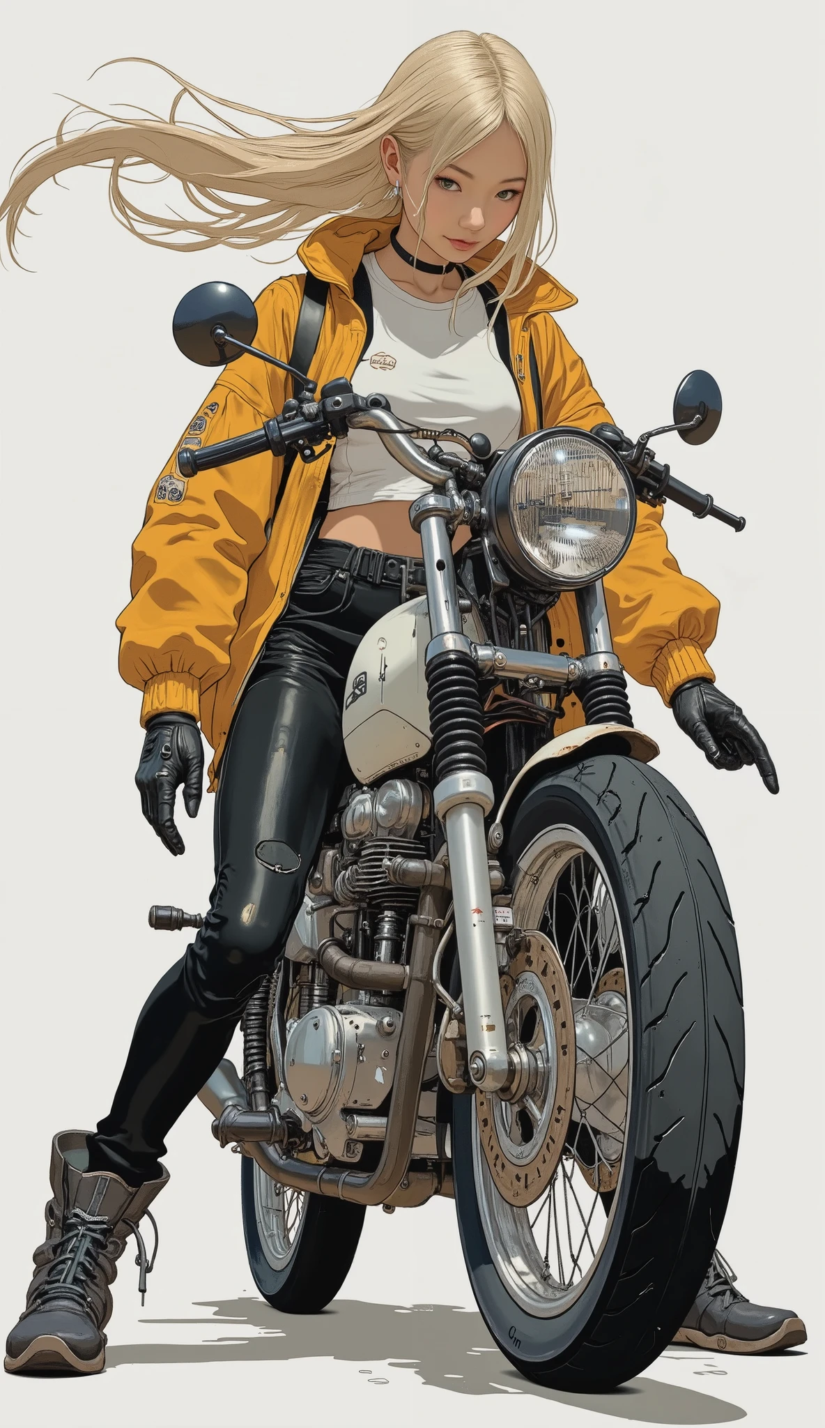 A young woman with long hair , her flowing blond hair oozes a big, Sturdy bike, sense of adventure and calm determination. The bike itself is an interesting blend of realism and stylized illustrations {x} She has a white accent I'm wearing a mustard yellow jacket, black pants, gloves, The overall vibe combines movement and a sense of silence. her head tilts slightly downward, , emphasizes her concentration and preparation to start driving. detailed wheels and prominent engines speak for its power, with large, exudes a stylish and practical biker aesthetic. Street Some abstract elements that suggest the setting, of. The bike is placed on a minimal grey background, the moment she's trying to speed、, captures her balanced potential energy, Her expression is relaxed,、is full of determination。.