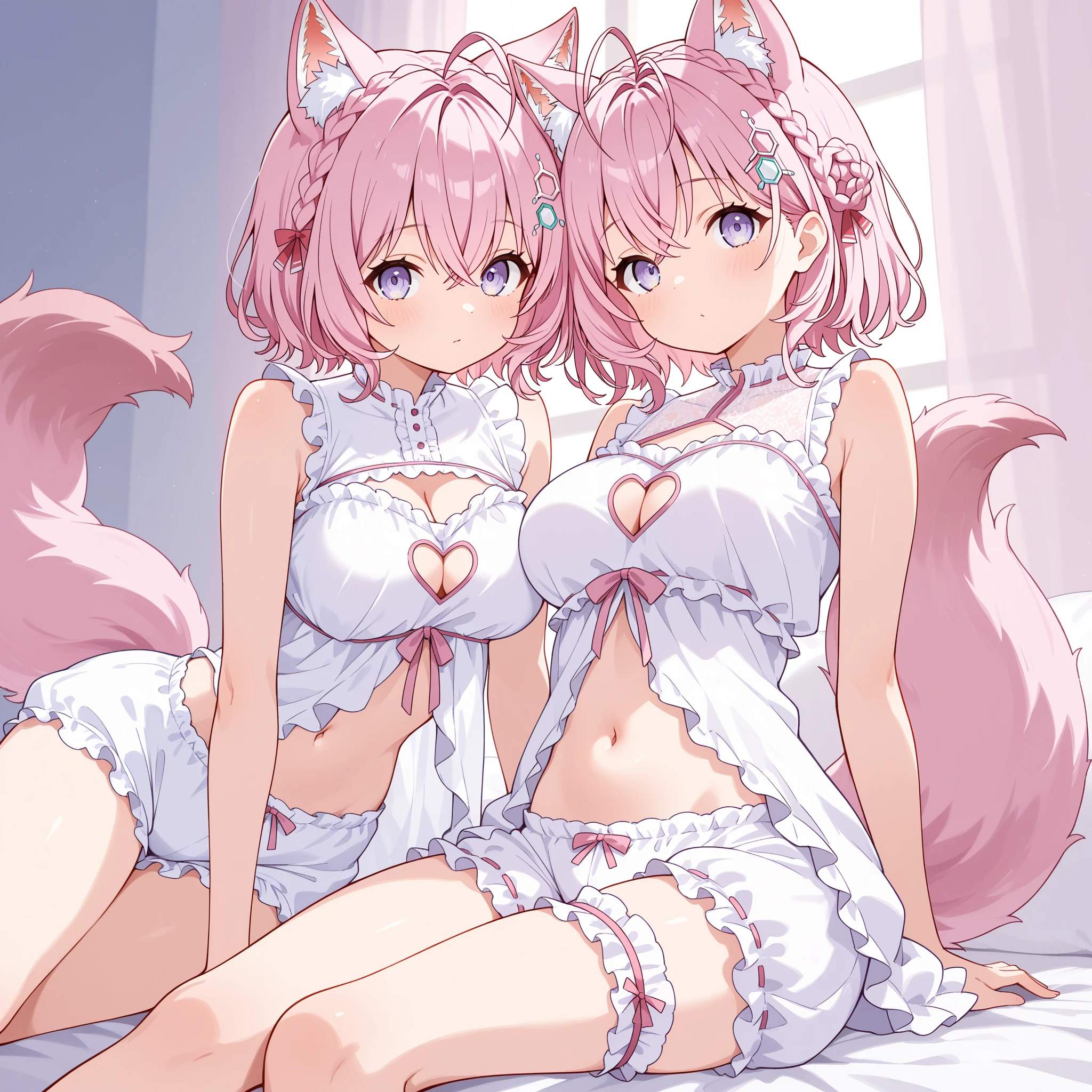 nsfw,Two Girls,Riding on top of a naked man,((Lift both legs)),panties,Have sex,Light blue hair,Light pink hairstyles，Cat ear，Pink Eyes，light blue lolita，White socks，,Pink ribbon,Laughing with your mouth open,Best image quality,Highest quality
