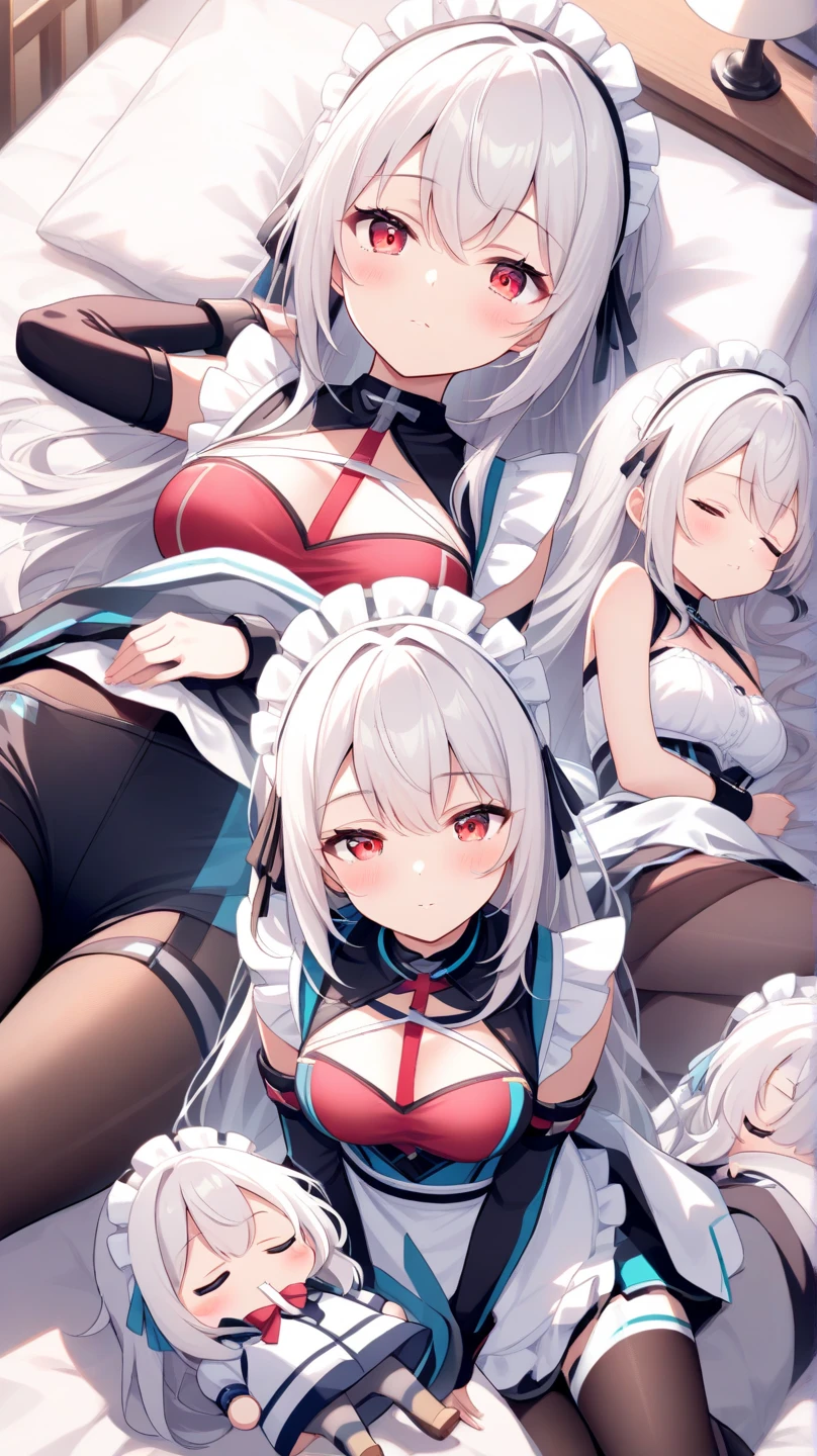 multiple girls, 3girls, standing, giantess art, highly detailed giantess shot, giantess, most detailed, perfect face, two legs, five fingers, short hair, beautiful girl bigger than a skyscraper, wearing rimless glasses, smiling, huge breasts, maid, maid outfit, black pantyhose, no shoes, toes visible through pantyhose, steam coming out of soles of feet, seaside metropolis, ocean, destroying city, under heavy attack, very small metropolis, miniature metropolis, full body depiction, GTS, giga giantess, gigagts, trampling city, crashed city, small city, micro city, pantyhose feet, high resolution, best quality, masterpiece,