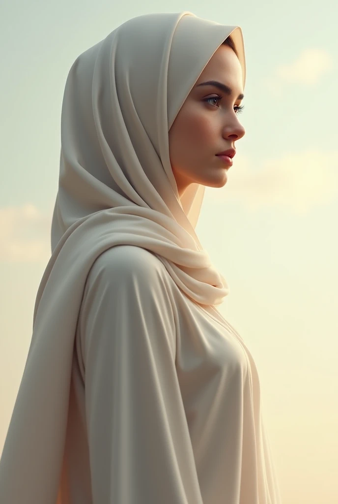 A beautiful girl wearing white hijab in sunny day, full body, with abaya
