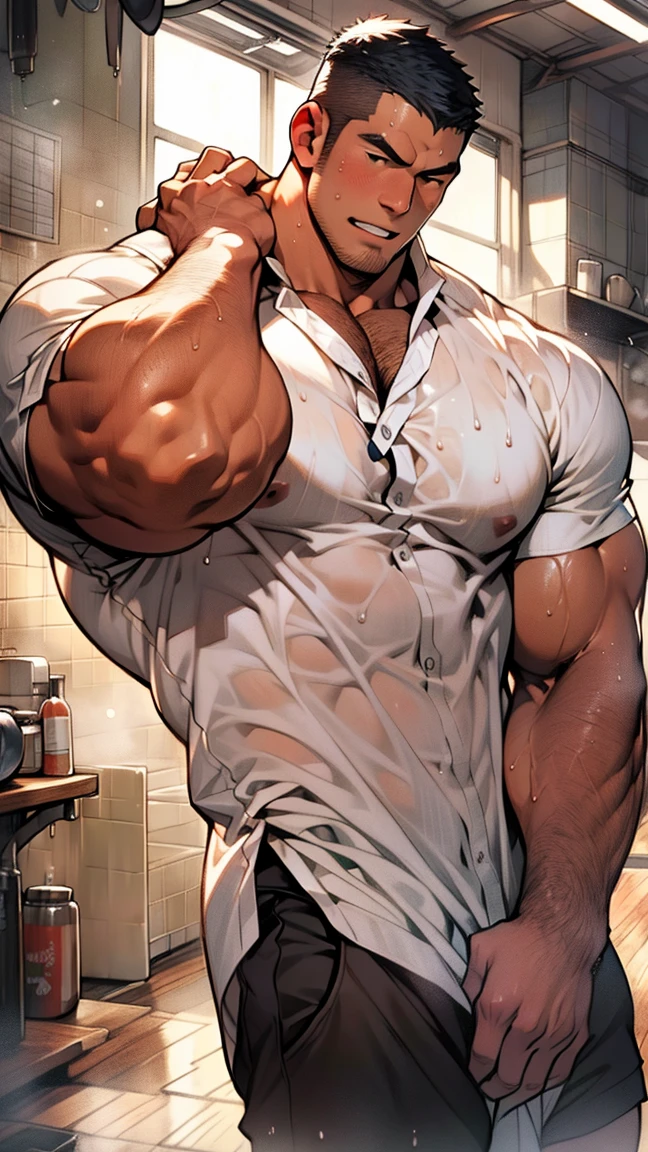 hot muscular male, exaggeratedly tall man, at shower, dark image