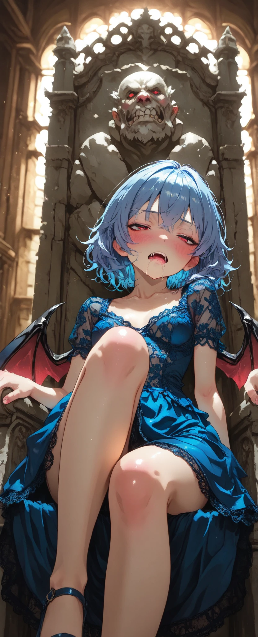 Girl with short wavy hair, black bangs with red highlights and a white strand, black horns, black feather wings with gray,crimson eyes somewhat white skin with freckles and small fangs, Wearing a red lace lingerie and a red colla,lying on a bed