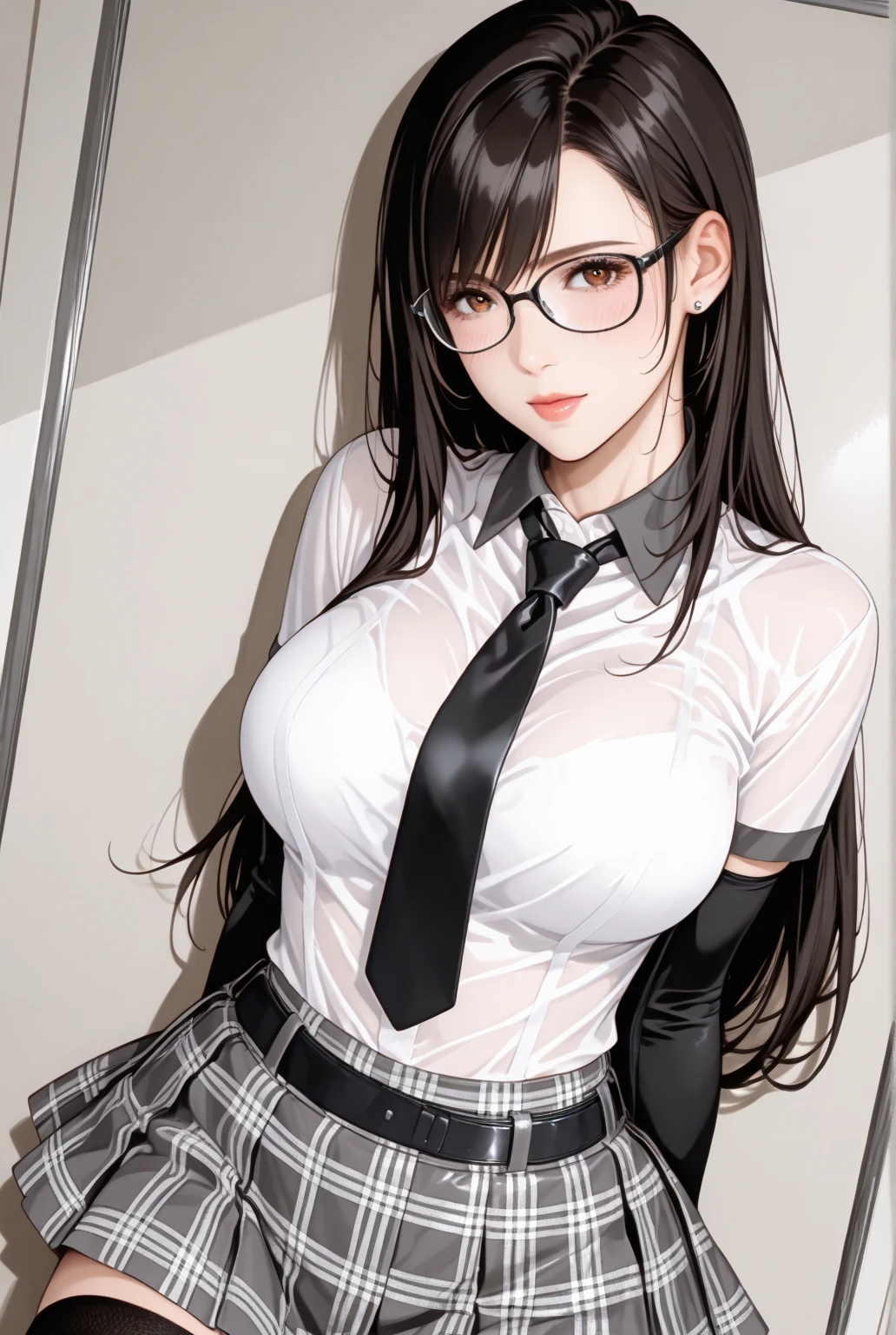 masterpiece, best quality, realistic, photorealistic, great lighting, ultra-detailed, dynamic angle, perfect face, (bright lighting:1.2),beautiful detailed eyes, extremely detailed face, perfect lighting,
1girl, black twintail hair, glasses,
White nurse costume, White nursecap, stockings, high-heeled shoes, ((black panties, cameltoe)),
Composition looking up from below, room, bed, (M leg, squatting), lift up one's skirt,
sweaty, wet body, navel out, thighs out, buttocks, large breast, slim, slender, translucent body, Transparent, Embarrassed expression, blush,