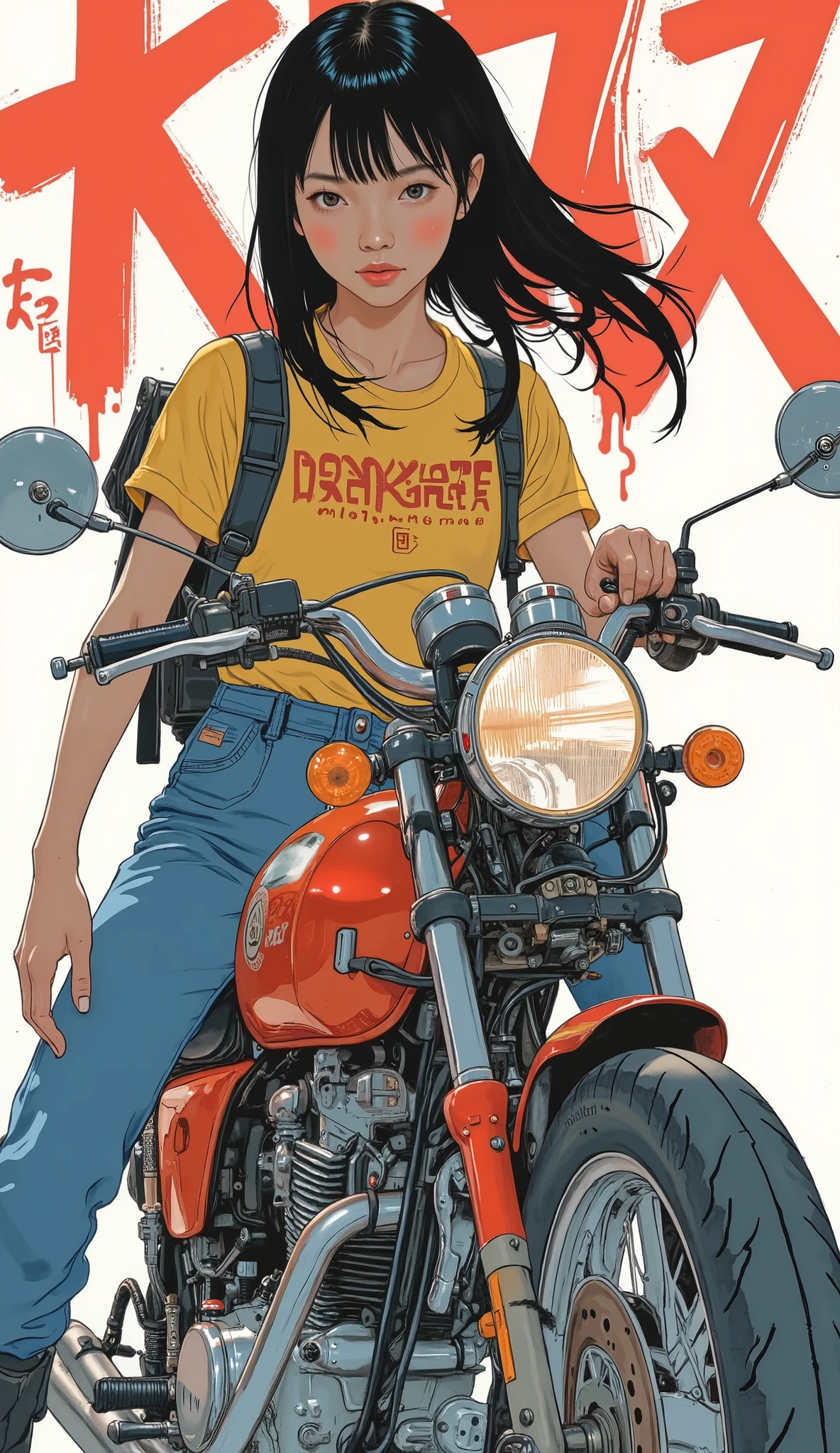 arafed girl on a red MOTORCYCLE with a backpack, Akira Style illustration, akira MOTORCYCLE, akira's MOTORCYCLE, akira moto, Akira art style, Cel-shaded art style, Akira art style, anime style illustration, anime style characters, picture of a female biker, MOTORCYCLE, Bike, MOTORCYCLE concept art, Akira style, Anime Art Style, Akira Style