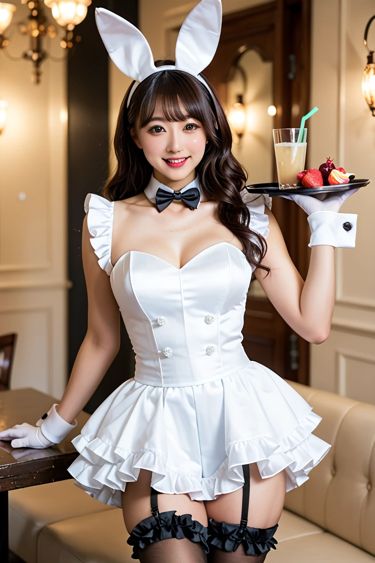 (3 young women: 1.2), saloon, chandelier, bunny girl attire, handing out drinks, guests in formal dress, high quality,
