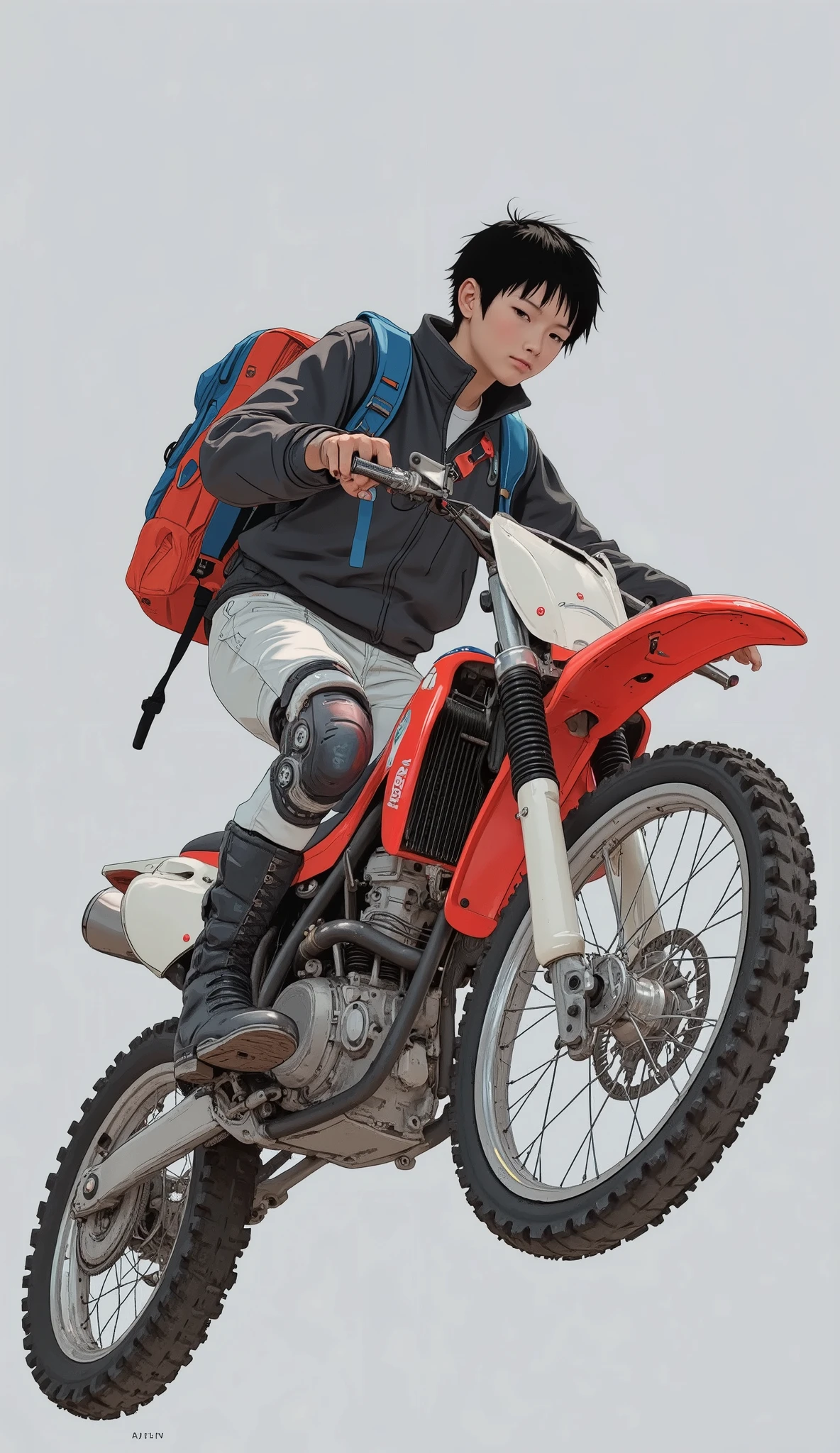 A dynamic illustration features a person riding a Honda CRF dirt bike, a model noted for its rugged design and off-road capabilities. The motorbike is prominently red, with blue and white accents, highlighting its sporty and adventurous character. The rider is dressed in an off-road style, wearing a black jacket, white shorts, and protective knee pads, along with black riding boots that add to the sense of preparedness and safety for the terrain. A red and blue backpack is slung over their shoulders, hinting at a journey or day trip. The bike's aggressive tire tread and visible shocks suggest it's built for rough paths. The gray background emphasizes the subject and the motorcycle, creating a clean and minimalistic canvas that contrasts with the vibrant colors of the bike and attire. The overall composition exudes a sense of freedom and adventure.