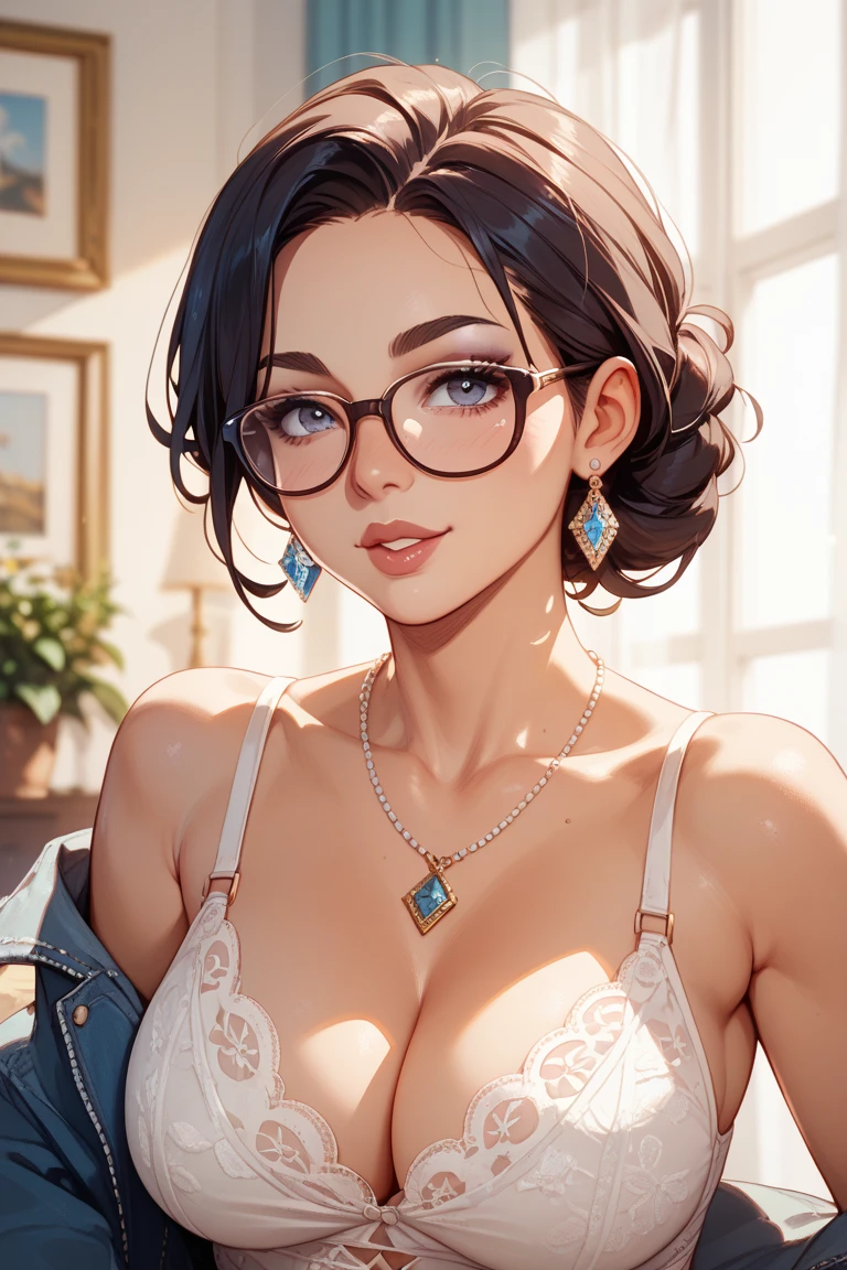 20 years old woman, Short brown hair, Méditerranéenne aux blue eye, Generous and heavy breasts, slender waist, estomac defini, fesses rebondies et pulpeuses, naturally curved, muscular thighs, aguicheuse, dans la cuisine , blue eye, lunettes, jeans and transparent white blouse , ssmile, soutien gorge dentelle apparent