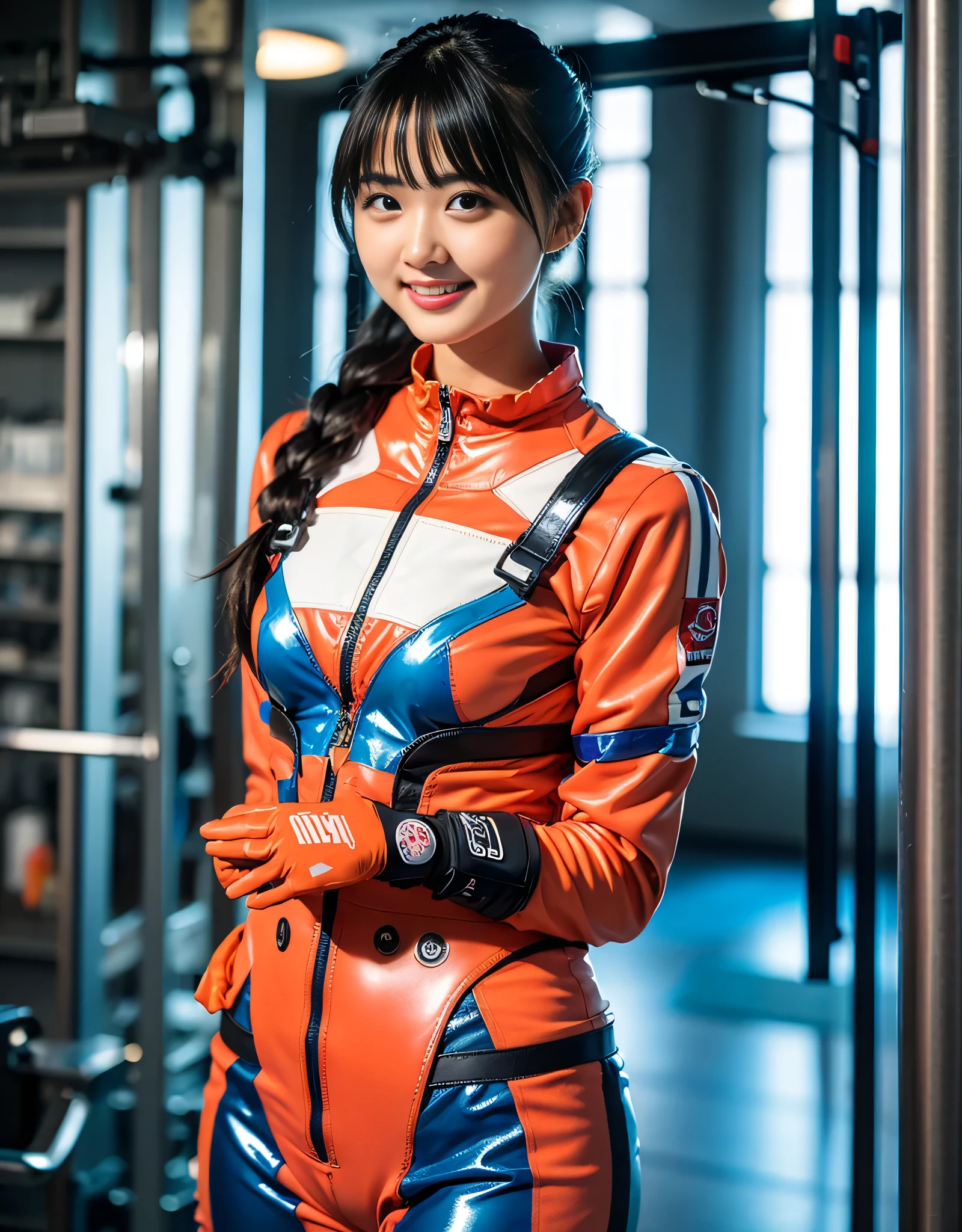(8K、Raw photography、Highest quality、masterpiece:1.2),(Black Hair、Dark Eyes:1.9),(Plug Suit:1.6)、View your audience,Viewed from the front,White skin,(ponytail:1.4)、(Tight waist:1.6)、(Clothes that accentuate the shape of the breasts:1.0)、(Big Breasts :1.3)、Slim figure、Ultra-high resolution,beautiful,beautiful fece,(One person、No background:1.9),whole bodyボディー,Japanese women,(reality的:1.37)、Photon Mapping,reality、(Baby-faced and cute: 1.4)、(Cute Smile: 1.8)、(Round face: 1.8)、Radio City、Physically Based Rendering、Depth of field rally background、photograph, (I can see your knees、Thigh close-up:1.8),(:1.6),whole body、Great quality
