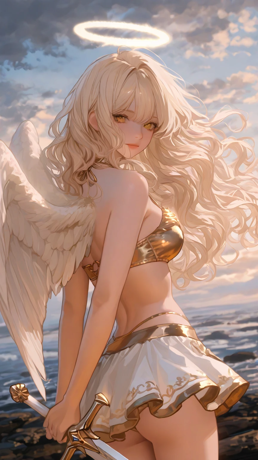 Very beautiful woman angel、Big Wings、 Angel Halo、 Greek style dress、 Realistic、Face reality、and、Sexy smile、Small breasts、Sexy pose、