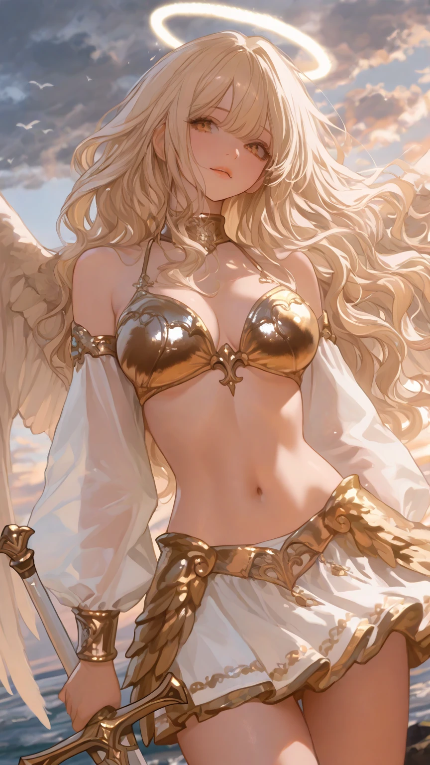 Very beautiful woman angel、Big Wings、 Angel Halo、 Neutral European style gold armor、 Realistic、Face reality、and、Sexy smile、Small breasts、Sexy pose、
