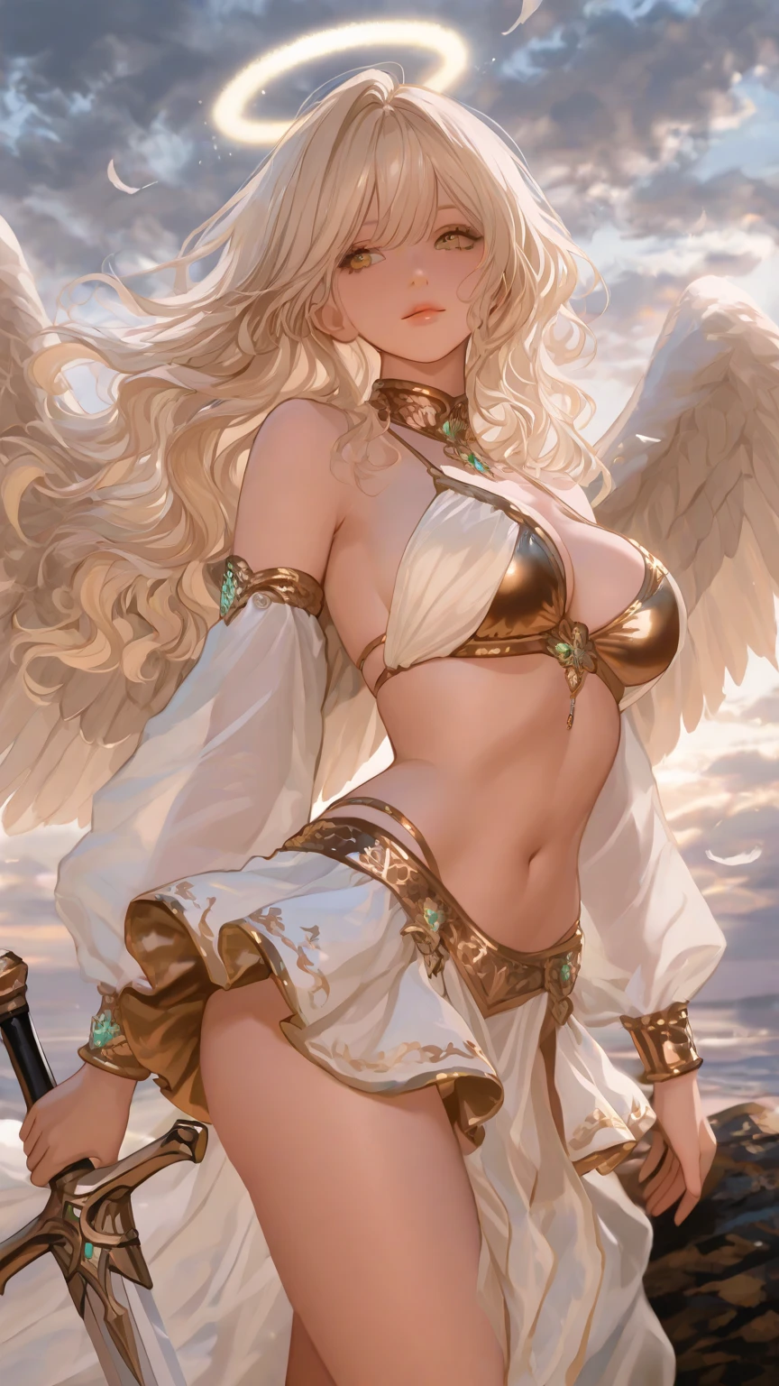 最high quality, high quality, 8K、High resolution,Highest quality、solo、胸に翼のある白いビキニ姿のtallのadult female angel、Very beautiful proportions、belly button、Thighs、tall、Adult woman in a white bikini, Archangel Style、super Wild Angel, A happy open-mouthed smile、Thighs、Naturally Shaped Fingers、Long neck、from the front、Looking at each other, our eyes met、belly button、Blonde hair and blue eyes、Majestic Angel, Anime Goddess, Wild Angel, thick, Beautiful and attractive anime woman, Huge and stunning goddess shots, Angel Adult Woman, adult female angel, She has angel wings on her back,Highly detailed goddess shot