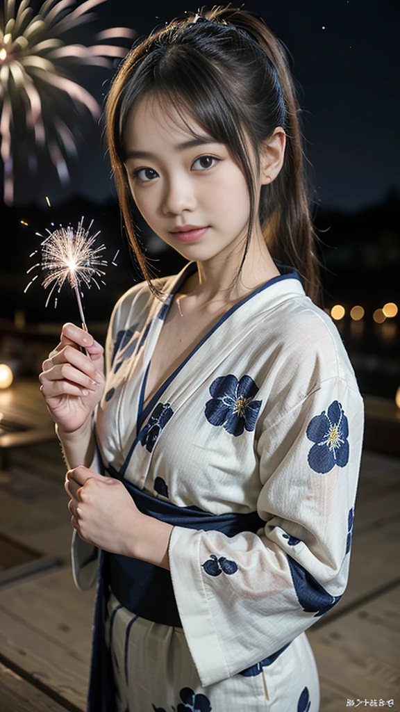 very cute、11 years old、girl、Long Straight Hair、Beautiful yukata、Night Sky、Countless fireworks、smile、