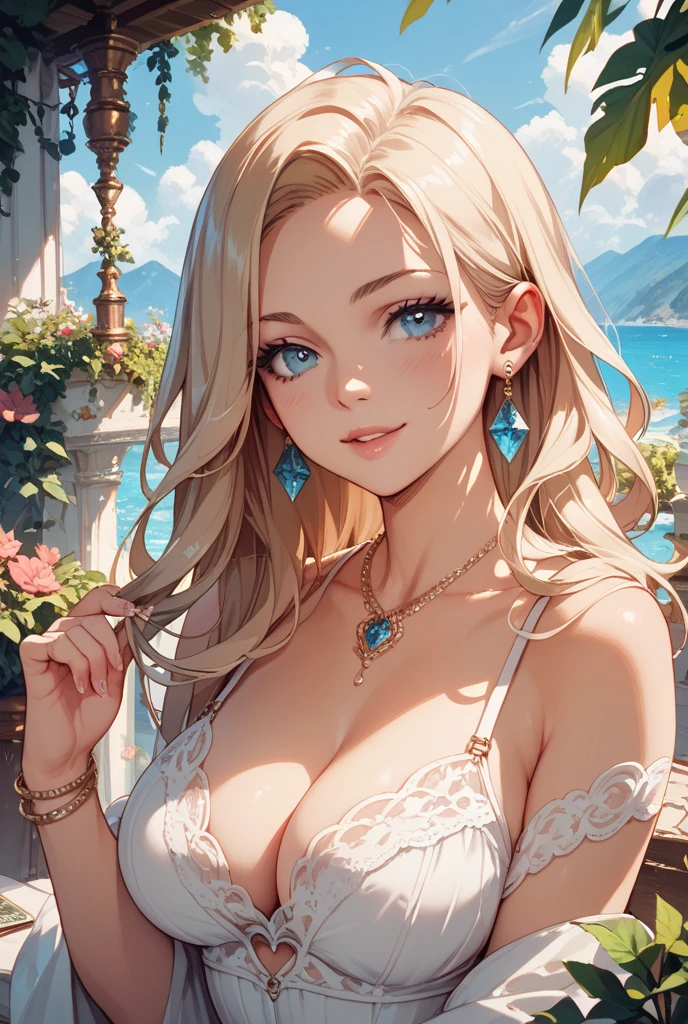 Classical painting, Standing in the desert, Woman in swimwear,Portraiture,比基尼,necklace,Earrings,bracelet, alone，Beautiful Face、A vivid face、40 years old、Sex appeal of adult women,bionde、Long hair that is rolled up、Beautiful hairstyle、 Realistic Skin、Beautiful Skin、Narrow shoulders,charm、 Upper Body,detailed，Realistic，Realistic,desert,Backlight、Soft Light、Swimwear,(Sergeant's Oil Painting)、(Highest quality、masterpiece)、Anatomically correct, Covering their mouth with the back of their hand,Their eyes are half open and moist.,Big Breasts（F cup）