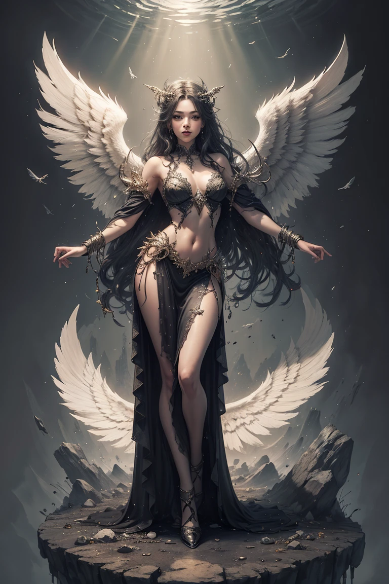 An angel has 12 wings on her shoulders., wings burst from wings, have many wings, wings separated, Twelve wings rested on his shoulders.., have many wingsออกมาจากไหล่., Pure black and white wings, Realistic picture, highest resolution, 16k, A god with wide wings and enormous power on his shoulders..., wings overlapping wings on shoulders., Add dynamic wings, Beautiful girl with two meter long hair, my hair is very long, long black hair, extra long hair, striking long hair, Beauty that comes from long hair, long black hair, Long, flowing hair, Smooth white skin, Smooth white skin, shiny hair, very red lips, charming standing posture, big breasts, เต้าBig tits, big breasts, The breasts are soft and fluffy.., Plump breasts, Plump breasts, eye-catching breasts, small waist, hips raised, small thighs, Long legs, Women who are 172 centimeters tall, perfect proportions, Anatomically correct, proportional anatomy, Dynamic poses, Float in the air, dark sky backdrop, dark sky, See the whole body., like full body, Visible in every part of the body, back light, Porn, bare, not wearing clothes, ร่างกายbareเปล่า, naked, see pussy, see tits, Big tits, Short white dress with black embroidery, a few pieces of jewelry, gold armor