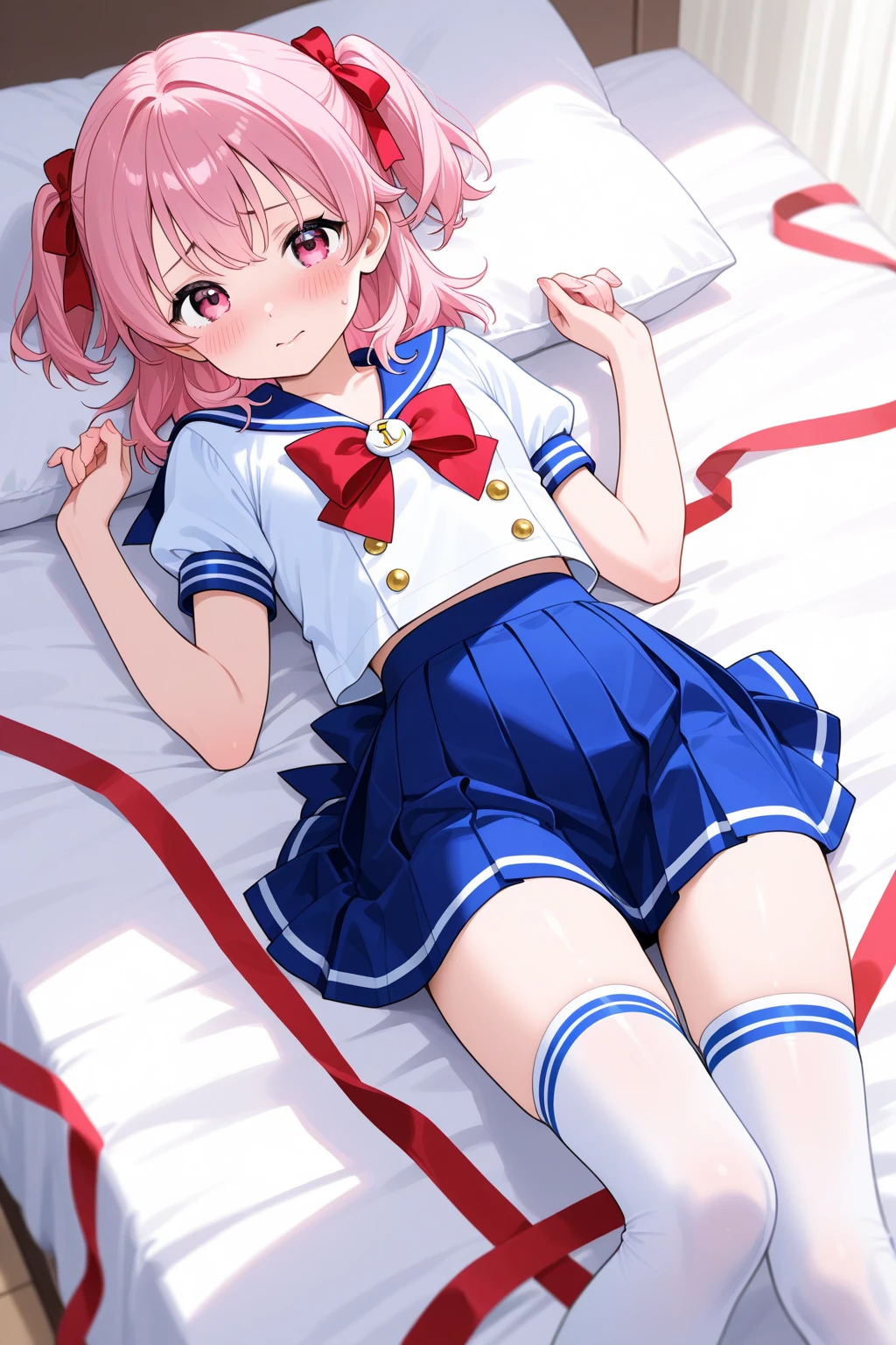 black pantyhose,loli,sailor,skirt,cute,lying,,ponk hair,twintails,,shy,medium breasts
