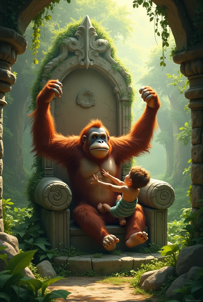 An 11 year old boy with short brown hair and curious blue eyes. He wears a green t-shirt and adventurer pants, a little dirty with dirt and a huge golden monkey with fur that shines like gold in the sun (his eyes are wise and his posture is majestic. He sits on a moss-covered stone throne, which looks like a part of nature itself).The monkey handed the boy a necklace made of golden leaves, elongated like the sun, rendered in 3D Disney Pixar animation. 