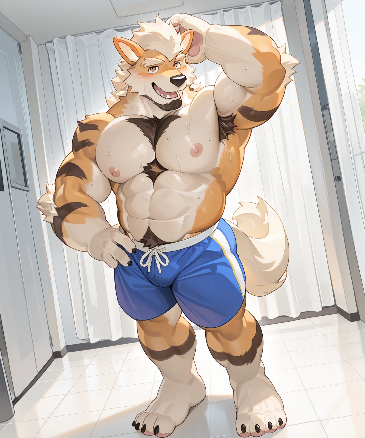 Solo, male (((domestic dog, blue eyes, blue iris, black pupils, athletic, big pecs, abs, folded ears, white body, white fur, brown ears, mostly brown ears, brown spots on legs, white abdomen, white head, thin waist, mostly white fur, black jockstrap, big bulge))) standing, bedroom, flustered expression, full body, perfect anatomy, by darkgem, by mystikfox61, by glitter trap boy
