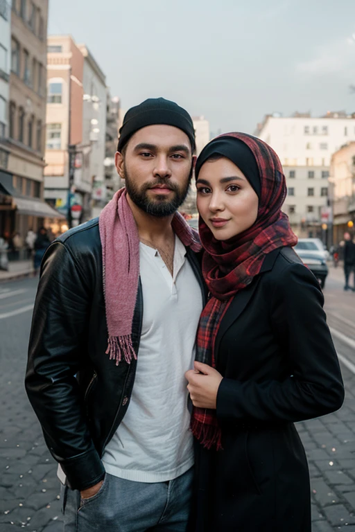 Handsome man and gorgeous hijab woman model standing in a crowded street, in smart casual wear, 7 0 mm portrait, 60mm portrait, 50mm portrait, couple portrait, middle eastern skin, portrait shot, handsome face and beautiful face, 3 5 mm portrait, extremely beautiful, very extremely beautiful, high quality portrait