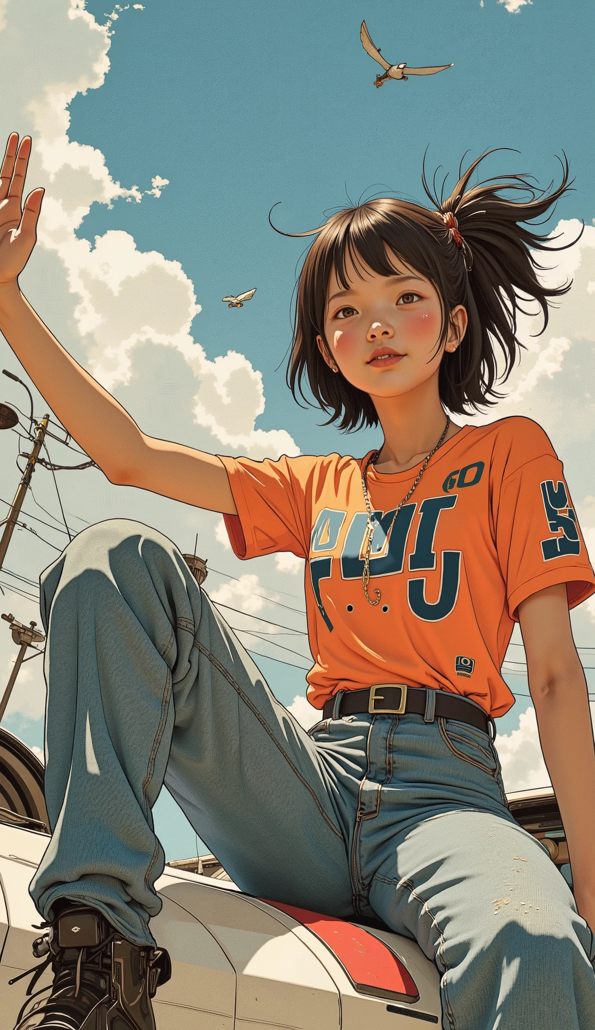 arafed Mustang with a girl waving her hand in front of it, Mustang, Retro anime picture , Anime with acronym D , Muscle Car,  sixties animated art , 1980's anime style,  Miura Kentaro style ,  Miura Kentaro Style , Anime Car Wrap, Anime with acronym D  1 0 8 0 p, 90s anime style