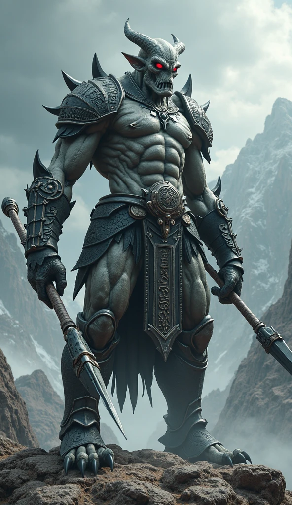 Profile picture to use in RPG group of a goliath Height and Weight: Height of 2,28 meters and weighs 140 kg.
Skinned: His skin is gray with dark marks that spread all over his body..
hairs: he is bald.
eyeballs: Seus olhos são de um azul pálidos
missilesdura: He wears heavy armor that, although worn by time and battles, still shines with the light of the mountains.
missiles: In your hand, holds a long sword, that feels like an extension of your own strength and shield