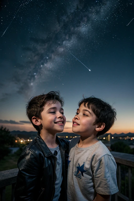 "Crie uma imagem com uma atmosfera encantadora e infantil. Na imagem, inclua dois personagens, um chamado Lucas e o outro chamado Greg, both exploring a night scene full of wonders. Add a starry sky with smiling stars, and put a friendly moon watching the scene with an affectionate look. Ademais, Insert a translucent spirit, Friendly and bright appearance, as a magical guide on the characters' nightly journey. Use a palette of soft and vibrant colors to create a cheerful and magical environment, Perfectly suitable for children. Let your creativity flow and capture the sense of adventure and mystery.