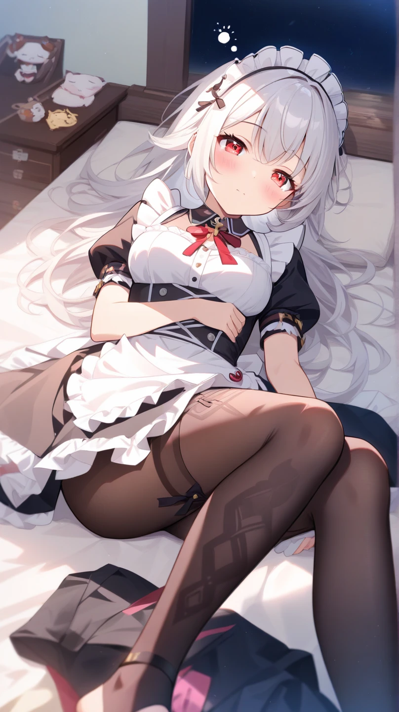 1 Girl,Kagura Mia ,white hair,Heterochromia,Half closed eyes,(Giddenmei 1.5),white hair,Heterochromia,Half closed eyes,(Giddenmei 1.5),short sleeve dress,double braid hair，military uniform,Puff sleeves,Cloth bag,Gloves,White pantyhose,Sitting，Lift your feet,Show socks soles，2legs,Legs Focus,From below，Feet open，See the soles of socks，Sole socks display，Sexual suggestion，foot fetish，Containing condoms，Condoms in mouth，Condoms on the bed，