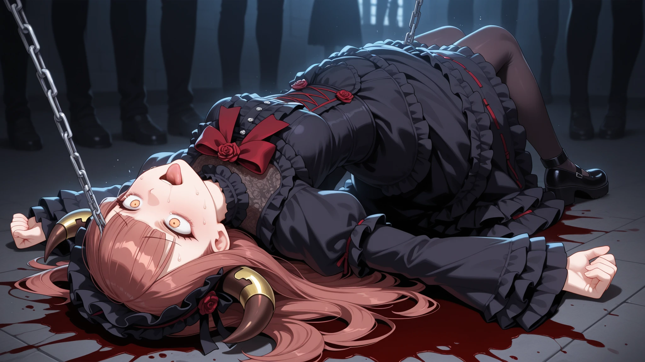 1girl, evil neuro-sama, (yuzu modoki), light brown hair, ahoge, two side up, hair ribbon, dark red ribbon, heart hair ornament, black cardigan, open cardigan, black sailor collar, long sleeves, black skirt, pleated skirt, asymmetrical legwear, black thighhighs, black kneehighs, grey footwear, loafers, (masterpiece, best quality), highly detailed, finely detailed, wet, dogeza, prostration, kneeling, face down,