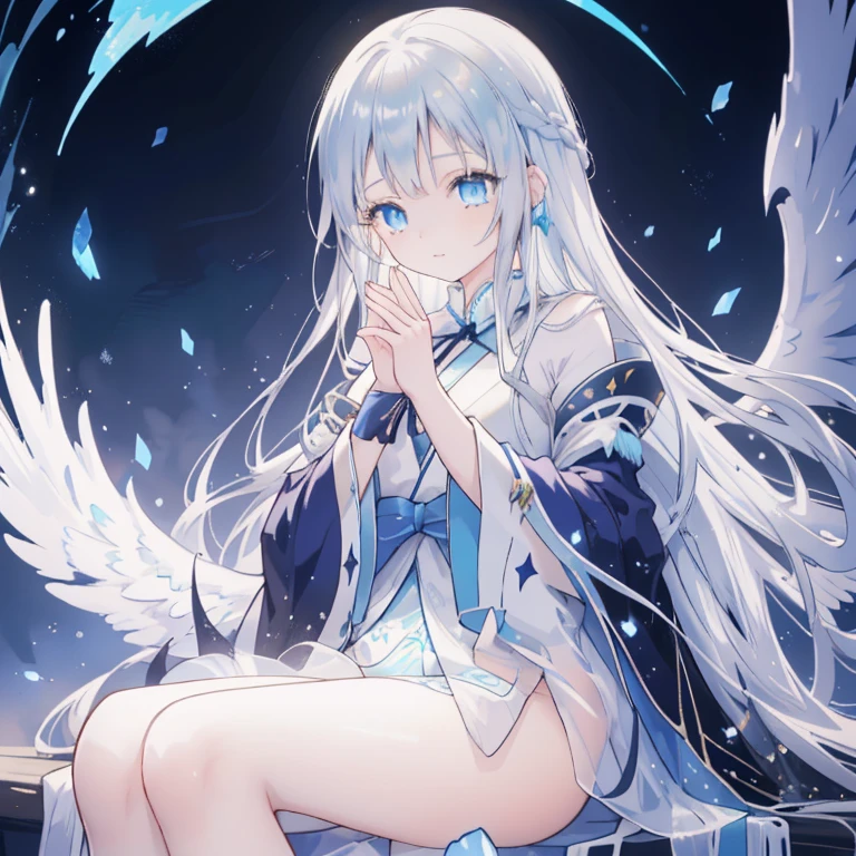 Girl 1, very long white hair, shiny silver eyes, transparent crystal crown, transparent white dress, sitting on clouds, above clouds, many clouds, bright lighting, wide background, very detailed, high resolution, high detail