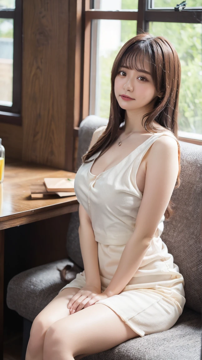 highest quality, masterpiece, High resolution, Photoreal, Raw photo, 8k wallpaper, perfection, professional lighting, very detailed, Depth of bounds written, ((one beautiful woman)), 40 years old, sexy, Hotel Lobby, ((brightly colored patterned dress)), ((look into the viewer&#39;s eyes)), detailed face, beautiful eyes, (Sit with good posture facing forward), bangs, good shape small breasts, light brown straight hair, faint lips, (arm between legs)