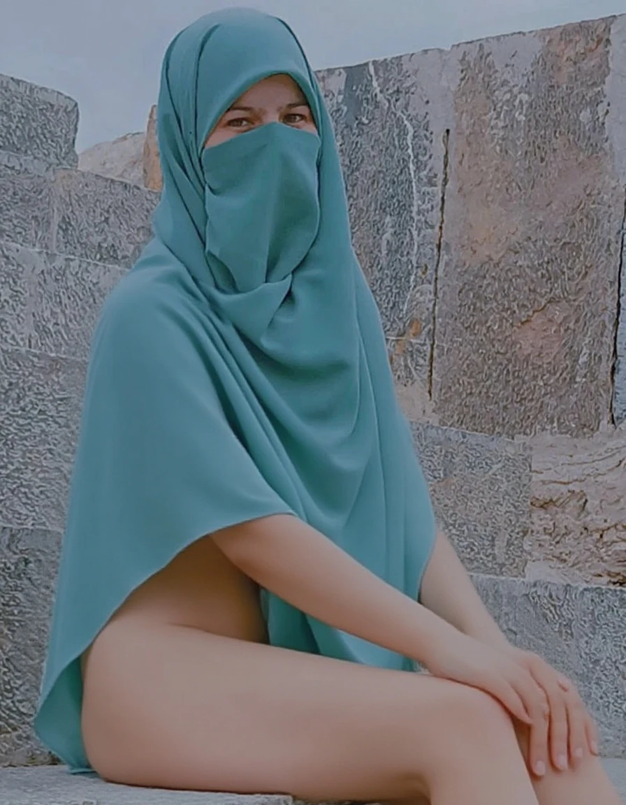 A woman in standing split, spreading her leg on the air, a man sticking his dick in her pussy, standing sex, the woman wear nothing but a silk hijab, face veil, and stocking, her mouth is wide open, porn scene, pornstar, standing pussy fuck.