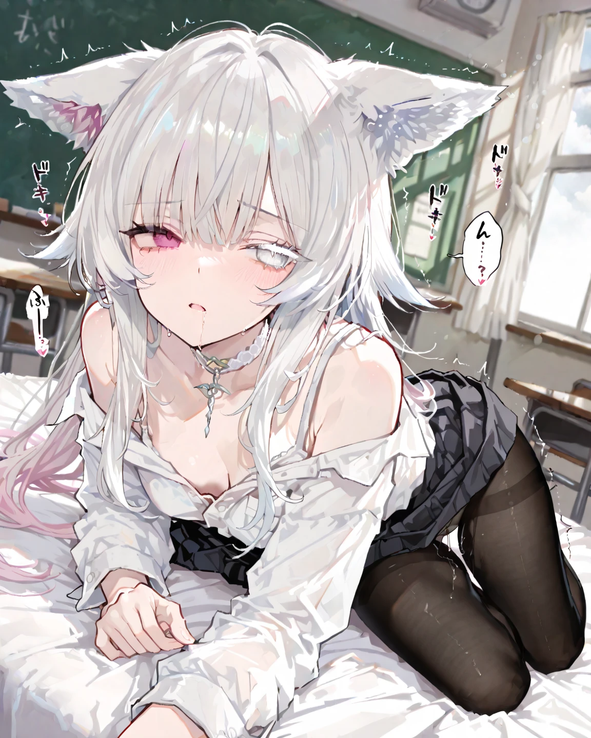 girl, female pubic hair, sitting girl, blushing a lot, seen in pussy, masturbating, wet pussy pussy juice, short hair, white hair, open pussy, open legs, sitting girl, no panties, white eyes, naked, lifting skirt, skirts white, thighs, cane focus, embarrassed, sweat, very wet pussy pussy juice, with cat ears