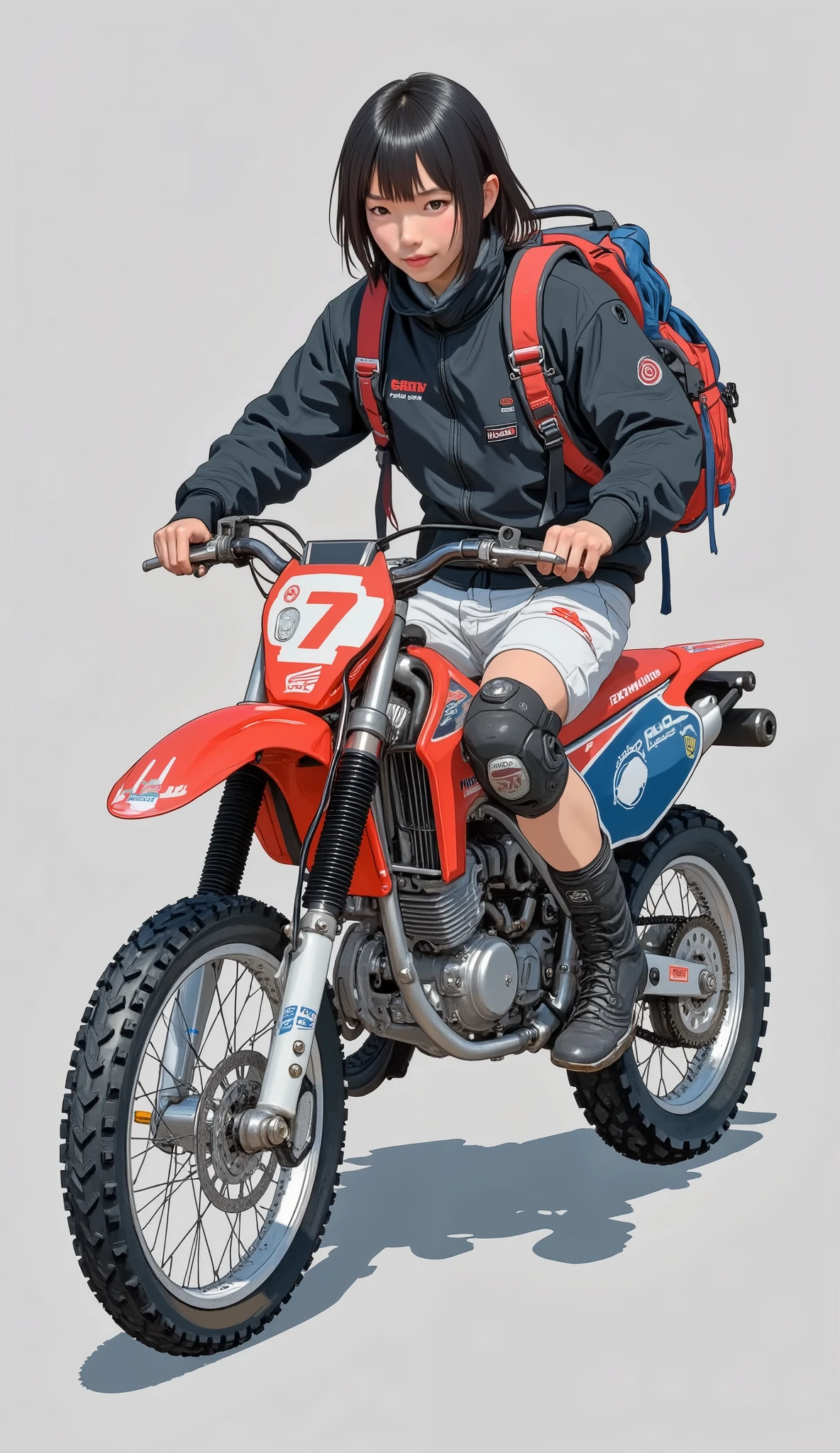 A dynamic illustration features a person riding a Honda CRF dirt bike, a model noted for its rugged design and off-road capabilities. The motorbike is prominently red, with blue and white accents, highlighting its sporty and adventurous character. The rider is dressed in an off-road style, wearing a black jacket, white shorts, and protective knee pads, along with black riding boots that add to the sense of preparedness and safety for the terrain. A red and blue backpack is slung over their shoulders, hinting at a journey or day trip. The bike's aggressive tire tread and visible shocks suggest it's built for rough paths. The gray background emphasizes the subject and the motorcycle, creating a clean and minimalistic canvas that contrasts with the vibrant colors of the bike and attire. The overall composition exudes a sense of freedom and adventure.