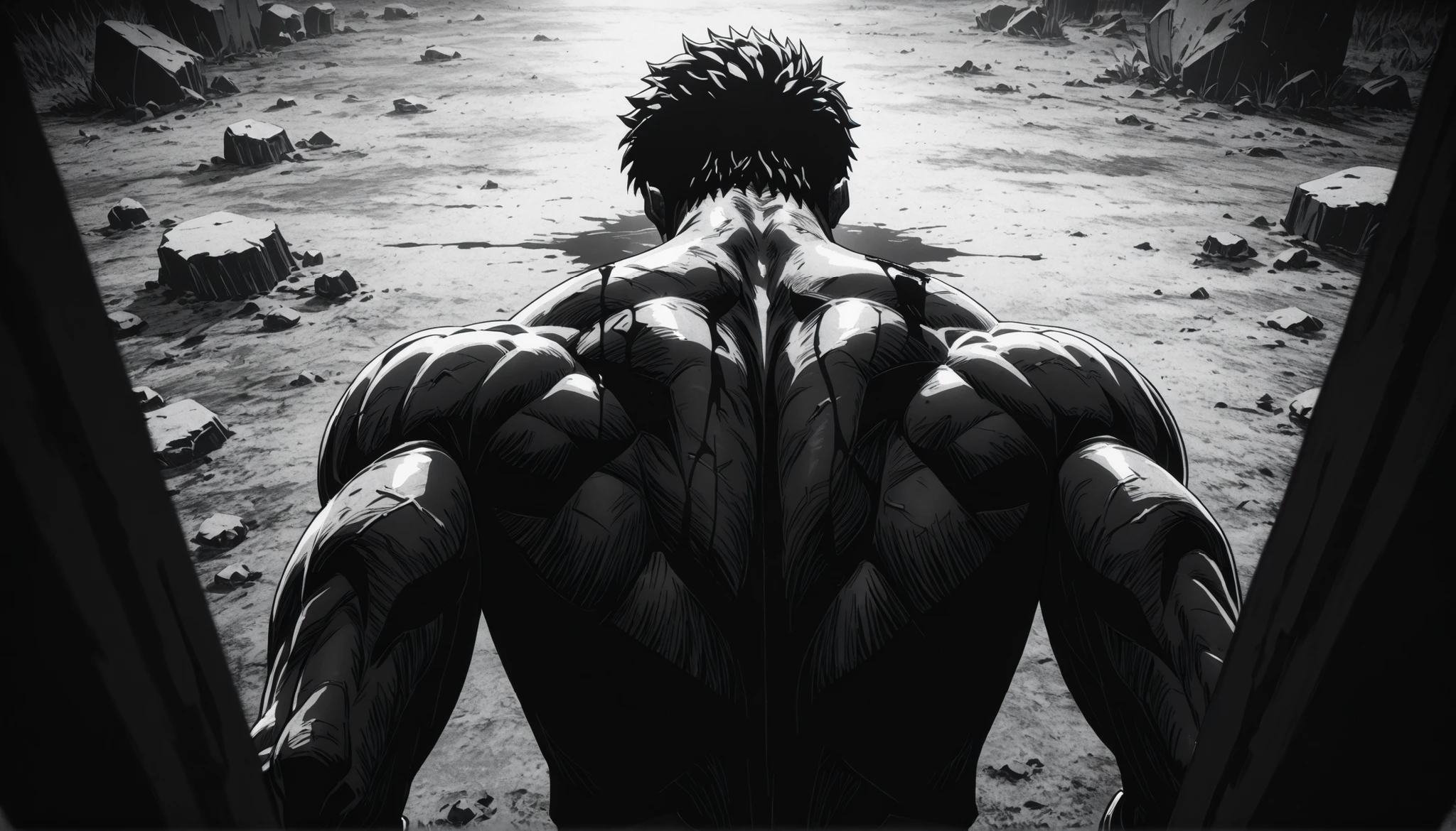(masterpiece), (ultra-detailed), (very aesthetic), (absurdres), (ultra high resolution), NSFW, frontal angle, Best quality, High quality, Detailed, High resolution, 8k, Ultra high res, highest quality, BLACK AND WHITE image, monochrome, simple drawing, monochrome, 1men, berserk warrior, strong sacred warrior, back view, ((bleeding)), strong, (((bodybuilder))), scars on body, devastated battle field, deserted field, after battle, (UltraHD8K), (intricatedetails:1.1), masterpiece, best quality, amazing quality, belth, LowKeyLights, cinematic 8k, UHD, horror, grim , dark, 