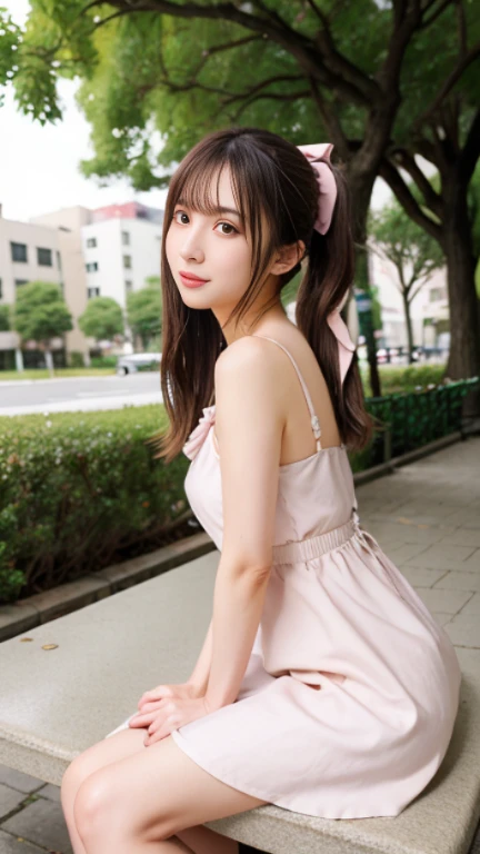 Purelos Face_v1, Highest quality, Realistic, 8K, High resolution, Full Color, One girl, woman, 20 years old woman, (Mouth closed:1.33), (Portraiture:0.6), wood, Dawn, ((Park Background:1.52)), Full Color, ((She was wearing a light pink dress and a hat.:1.88)), View your viewers:1.8, (One girl eyes View your viewers:1.55), (Medium Hair, Brown Hair, Parted bangs:1.35), (Bokeh),Enako、Enako、Enako