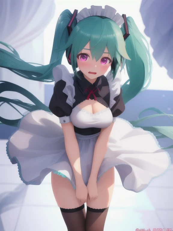 1girl,miku,Vocaloid,portrait,clearly,detailed,transparent clothes,lift up skirt,camel toe,white knee socks,in the bathroom