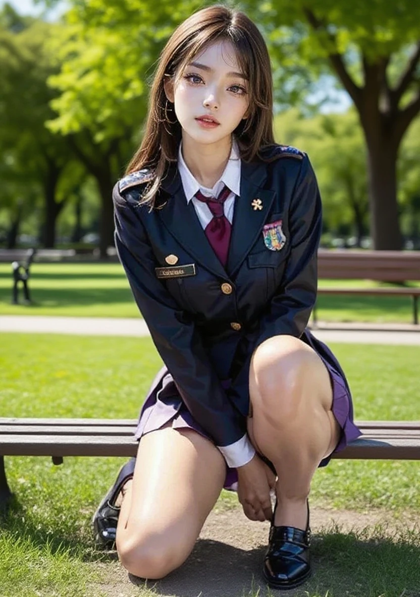 (8K High Resolution), (top-quality), (Raw quality),(masutepiece:1.2), (realisitic), (Photorealistic:1.37), ,Large eyes,long eyeslashes,(Live-action realistic style),The Ultimate Face,realistic light and shadow,Clear facial features,,Fair skin, ),Best portraits,Shooting at close range, 1 rapariga, Cute,Beautiful detailed eyes,highlydetailed skin,(Beautiful face with double eyelids), (Realism: 1.4),((Full body image)) ,Detailed and beautiful face,,Women around 20 years old,(Beautiful Face 1.4),Middle hair,((Japan schoolgirl in uniform)),(Make eye contact with your audience),red lipsticks,Limping around the eyes,(Laugh a little),In a park rich in nature,Sit upright on one knee.,The skirt is rolled up.、Panties look perfect..,Pastel colors panties,I love showing my panties to my viewers,Show your panties to your audience,(Japan schoolgirl uniform),Cute face reflected in the light,red lipsticks,Limping around the eyes,Very beautiful feet are attractive,A very bright world