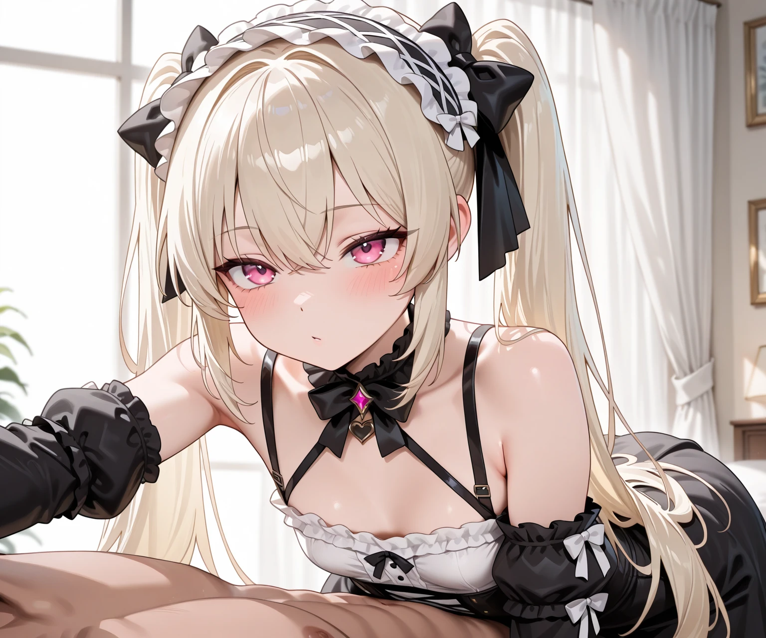 Shiny blond hair, very long hair, sophisticated haircut, ((((hair fully braided)))), ((small twisted braids)), thin and oval face, submissive, (((gagged))), ((((very cute maid girl)))), ((((very cute black maid dress)))), ((((cute waitress serving a blond man)))), cute and blushing 18 years old anime girl, look away because she is embarrassed and blushes, bright blue eyes, detailed face, detailed members, detailed arms, detailed hands, ((((sparkling diamond jewelry)))), tiara, ((makeup)), high heels, puffy sleeves, long gloves, long eyelashes, maid costume, maid dress, maid girl, Girl lying, tied by ropes, shackled, can no longer move, tied tightly, very hard tied up with lots of ropes, hampered by so many ropes that she can no longer move, bound hands and feet, ropes tie his whole body, tied extremely tightly and forcefully to her bed by a lot of ropes, its limbs are strongly tied together by ropes, his torso is tied up with thick cords, her chest is so tied up with ropes that it sticks out, her legs are tied tightly with thick ropes, his hands are tied behind his back with ropes, she can no longer move her feet, her hands which are tied by thick ropes, she desperately tries to free herself, likes to be tied tight with big ropes, likes to be immobilized by big ropes, lying down, his hands and feet are strongly tied to the railing of his bed, his legs are pressed together and tied with ropes, its limbs are held vigorously by imposing ropes, her hands are tied securely behind her back by ropes, her chest is compressed by strong ropes, she is pressed against her bed and restrained by large ropes (shibari, arms behind the back:1.4), (hands on the back), (masterpiece, best quality) 1.5, 1girl, solo, (sexy, beautiful woman, perfect face, perfect eyes, perfect hands), samus aran, (shibari, arms behind the back:1.4), (hands on the back), Spread the legs, s' ((lie in bed by big ropes)), ((close up of the girl)), ((((lie in bed))))