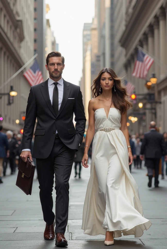 Mafia  couple wearing formal outfit and standing outside of the building and the boy had a suit case had a name kyros 3rd letters on it.the girls wearing necklace and had a name Cay in 3rd letters on it.be careful to the spelling on it.