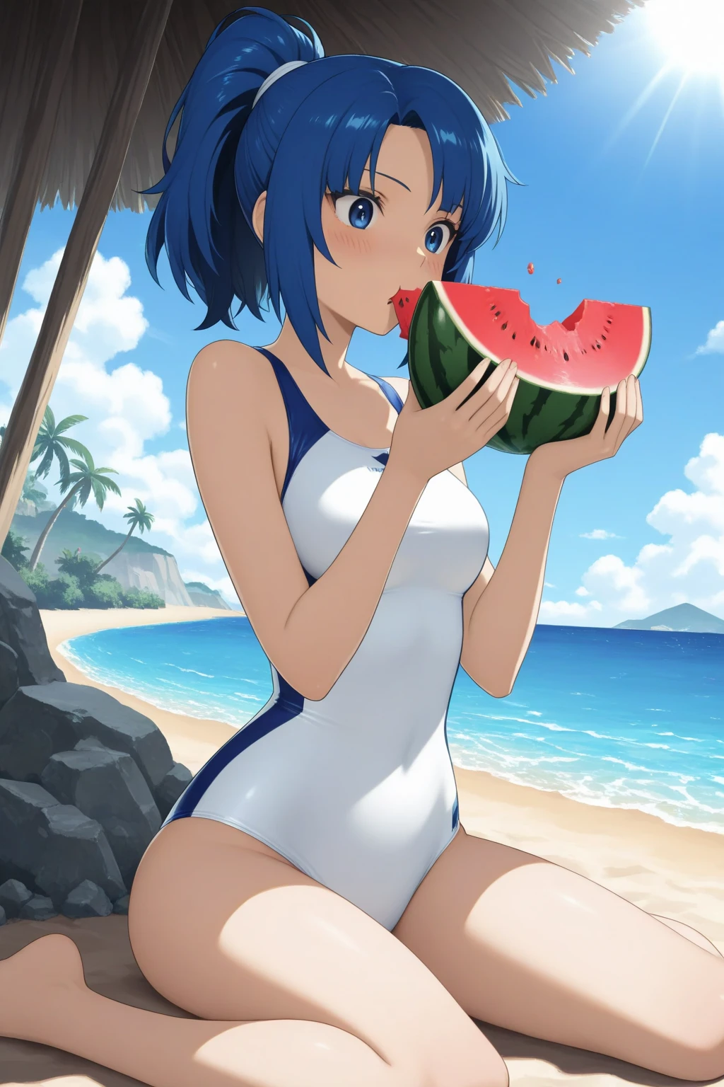 woman dressed in bathing suit holding up slice of watermelon and smiling, 1girl, solo, watermelon, fruit, food, short hair, barefoot, navel, black hair, small breasts, white bra, full body, bra, panties, breasts, underwear, bow panties, blush, holding, grey background, white panties