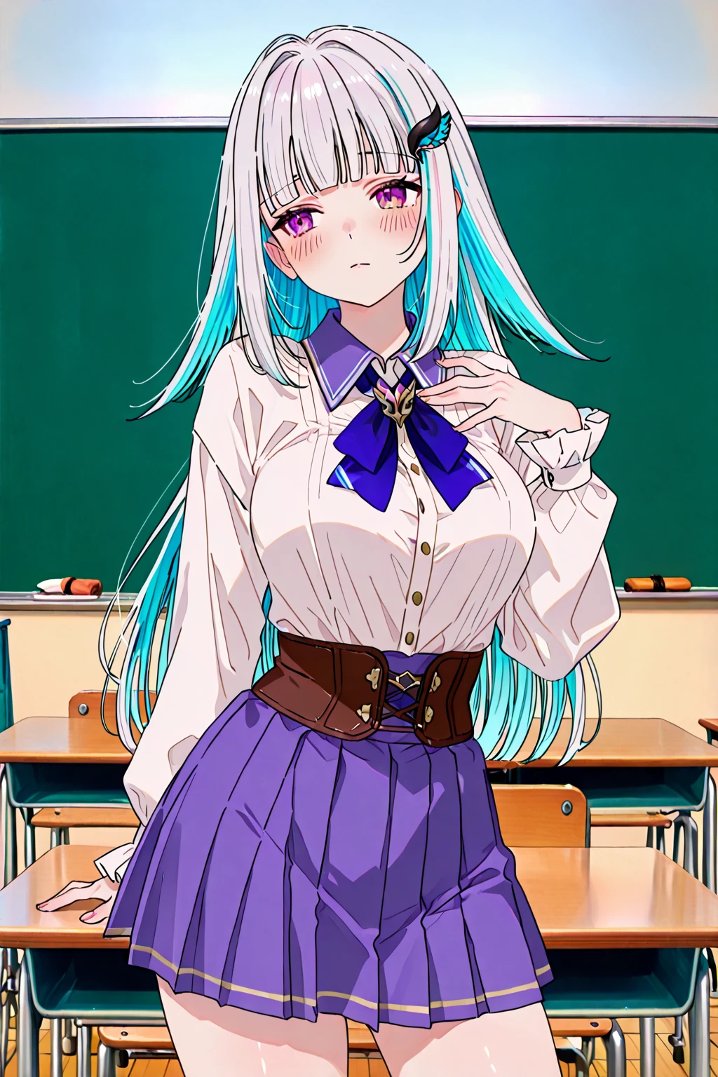 top-quality、supreme1People Girls,hightquality,A detailed face、A detailed eye、Detailed nose、Detailed mouth、 Beautiful expression, ((masuter piece)), ((High resolution)), ((Best Quality)), detail, (NSFW ,cum faced、Excited face.Very happy,), ((Lustrous skin)), (shool uniform:1.3、Lace panties:1.4)、 girl with, lightblue hair, (Straight、Bangs Patsun)、Sit at the desk with your legs open:1.5、fair white skin:1.3、、Colossal tits, cinmatic lighting, perfectly shaded,(((Classroom))), Realistic lighting with shades,
