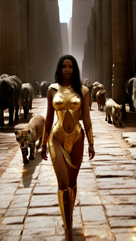zendaya portrayed as Cleopatra, in front of a large statue of the god Anubis, phophotorealistic portrait, dramatic, cinematic, 4k resoltion, hyperdetailed, dramatic scene, full body angle, back view,