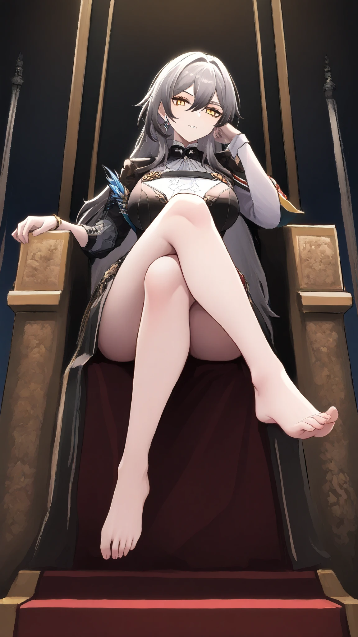 ((1 woman queens, ((1 woman with penis, erect penis)),((with a cape on the back, with crown))),((medium breasts, bare breasts, erect breasts, grasping breasts)),(( white hair)),((red eyes, calm face)),((sitting on a golden throne, sitting on his back, right leg over left leg)),((in an evil haunted castle, at night)),(( 1 arm behind the back)),