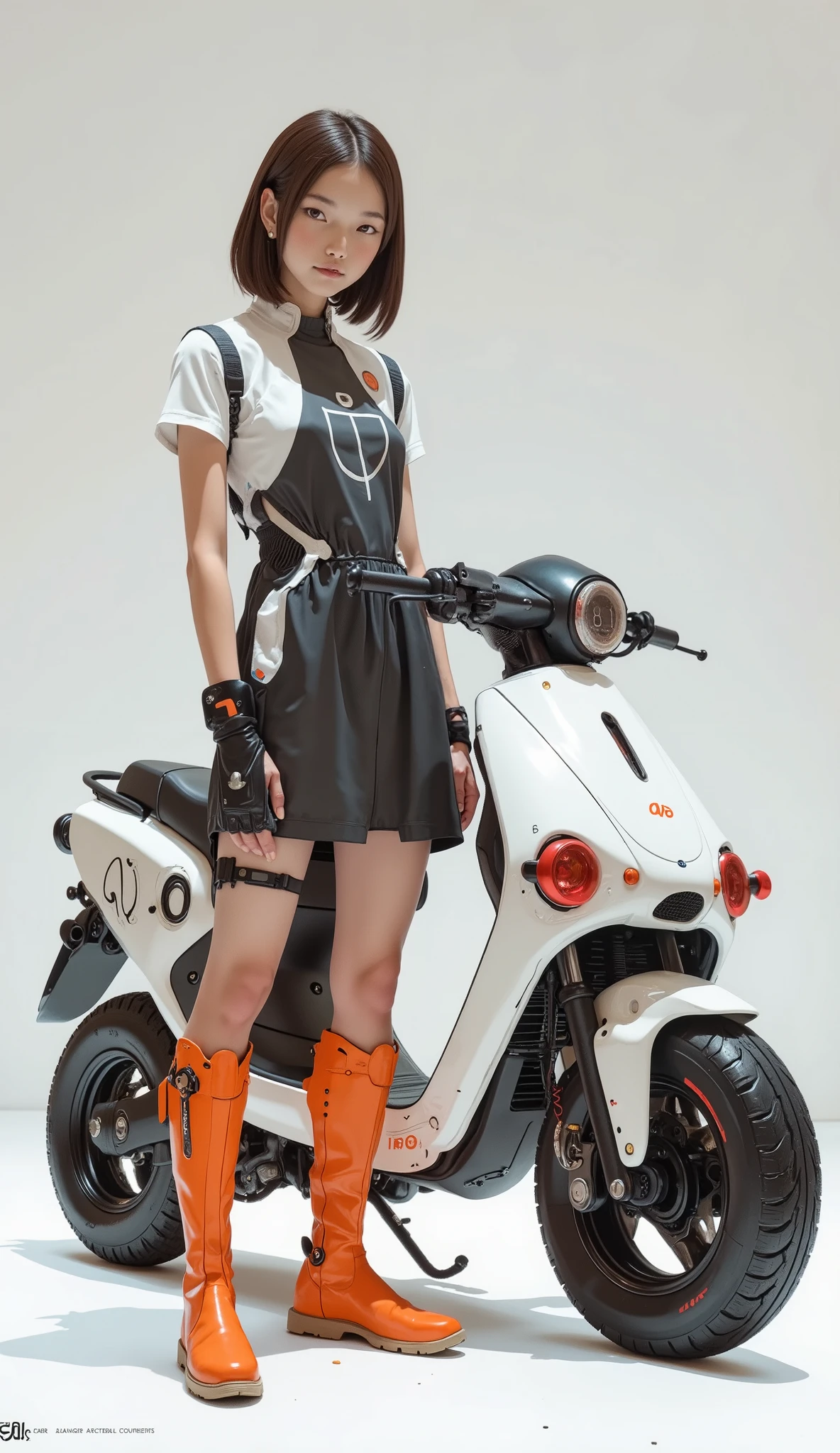 a young woman stands confidently next to a futuristic car, a compact car stands out against a minimalist background. her outfit is modern and stylish; she's dark, the high-collared, short-sleeved dress and bright orange knee-high boots add a striking contrast to her ensemble. her medium-length brown hair frames her face, exudes determination and poise.
the car next to her has a sleek design、, its compact body is reminiscent of a scooter. mostly white 、black and red accents, Big, robust tyres suggest off-road capability. 「400」I can see a number called, suggests a model or specification. the overall setting emphasises a futuristic or conceptual style, it is kept together by clean lines and a monochromatic colour palette, highlights both the girl and the vehicle's innovative design. the vibe is cool and slightly futuristic, exudes innovation and a sense of adventure.