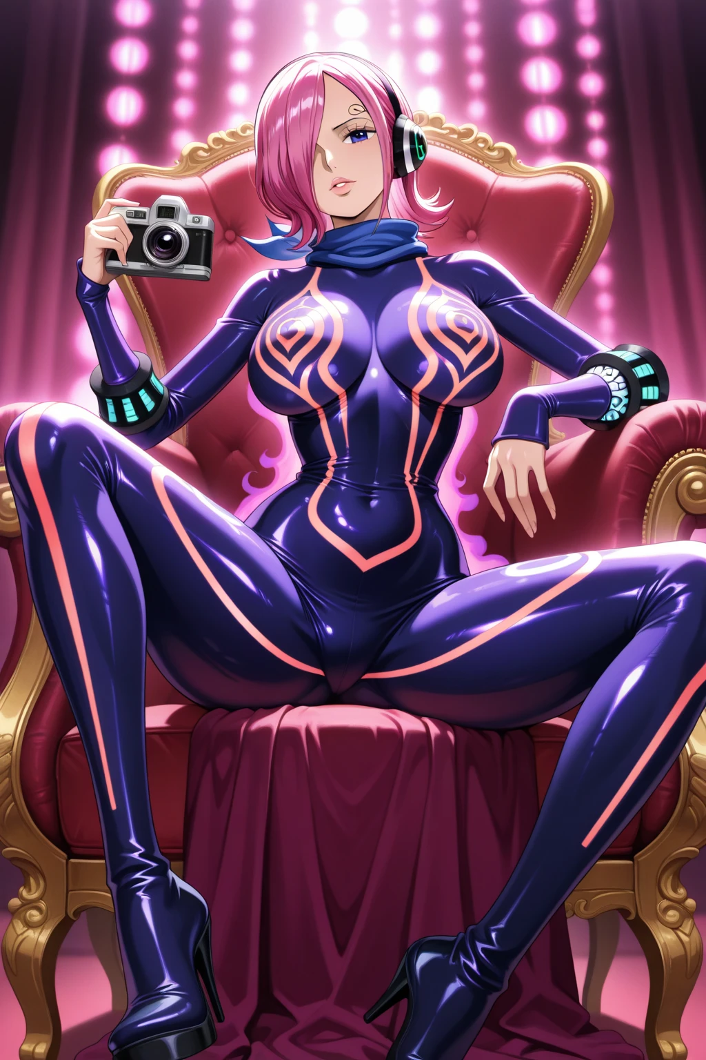 1girl, blue hair, shiny skin, head-mounted display, long hair, pink bodysuit, ponytail, purple hair, purple skin, solo, thighs, very long hair, widow-normal,red lips,
black nails, blush, clitoris, colored skin, half-closed eyes, ipstick, long fingernails, makeup, nail polish, night, night sky, spread legs, pussy, indoors, bed, lamp, arms support, topless, large breasts, nipples
